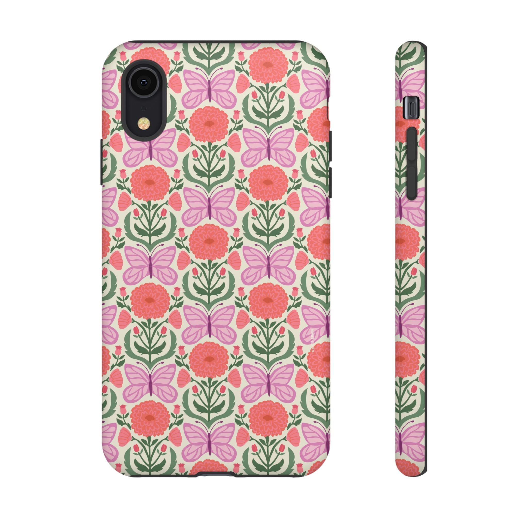 Pink Butterfly Tough iPhone XR Case – Matte | pink, coral, green, cream butterfly floral print