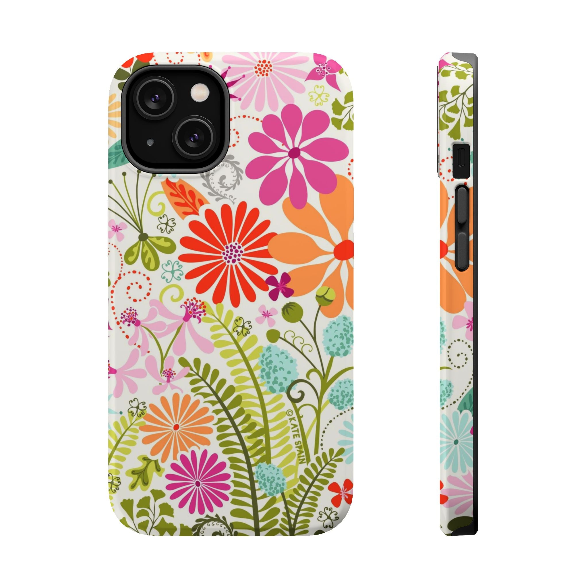 Luxury Terrain MagSafe iPhone 13 Case – Glossy | white, magenta, coral botanical woodland floral print