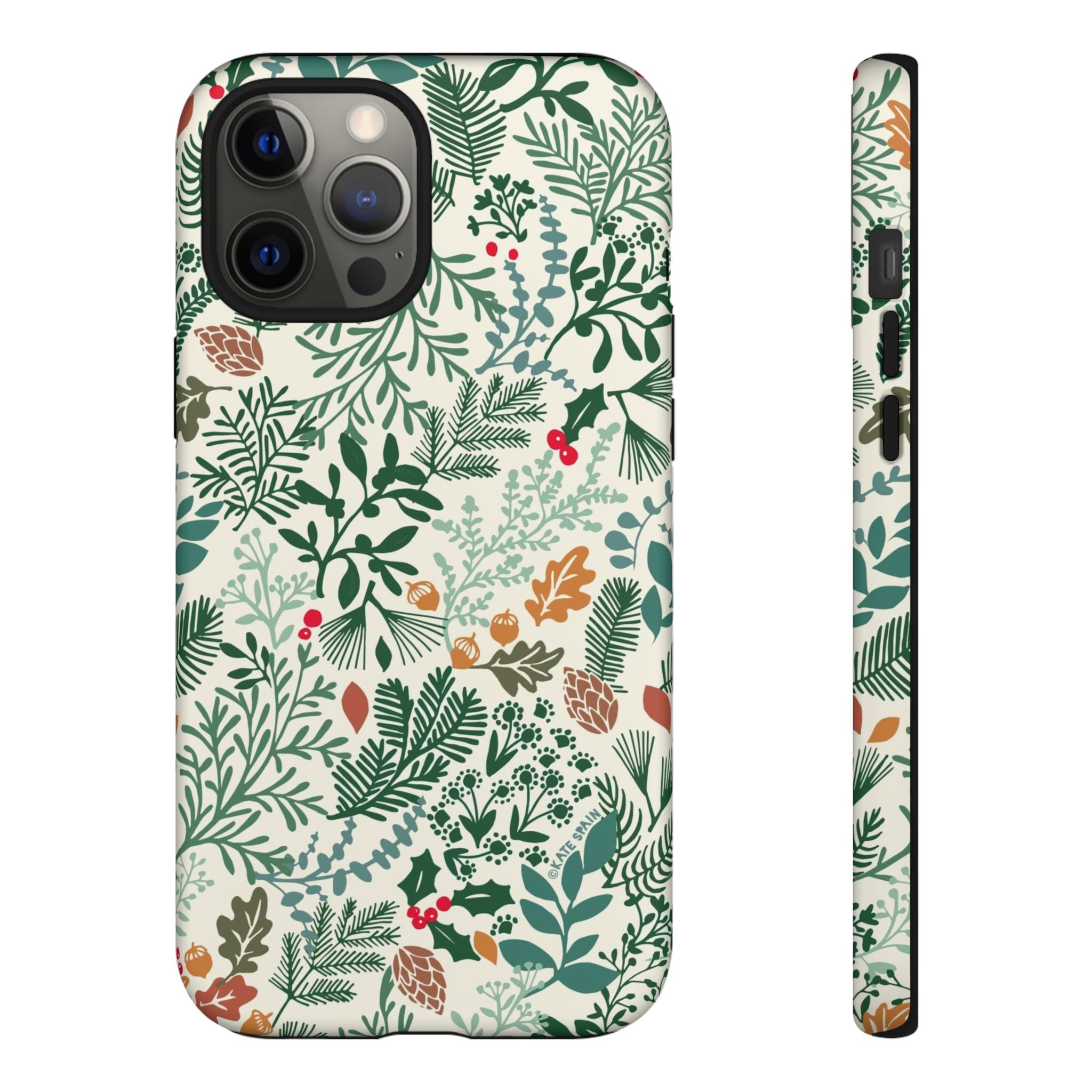 Juniper Tough iPhone 12 Pro Max Case – Matte | cream, green, red botanical woodland print