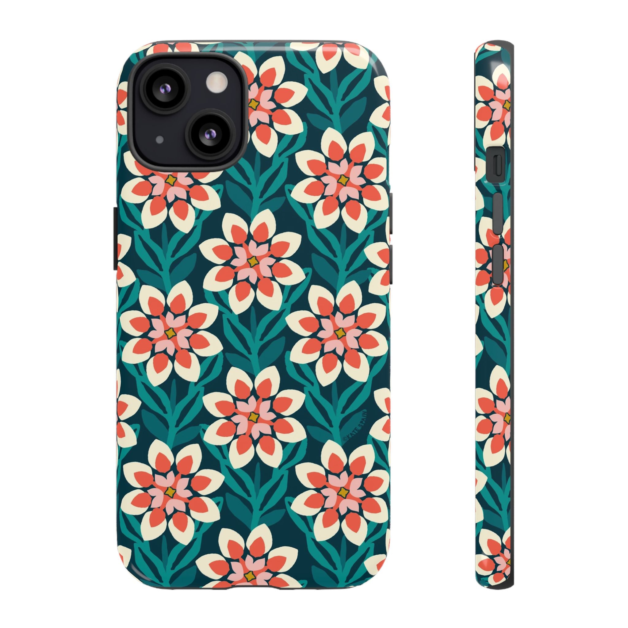 Modern Dahlia Tough iPhone 13 Case – Glossy | teal, coral, cream geometric dahlia floral print