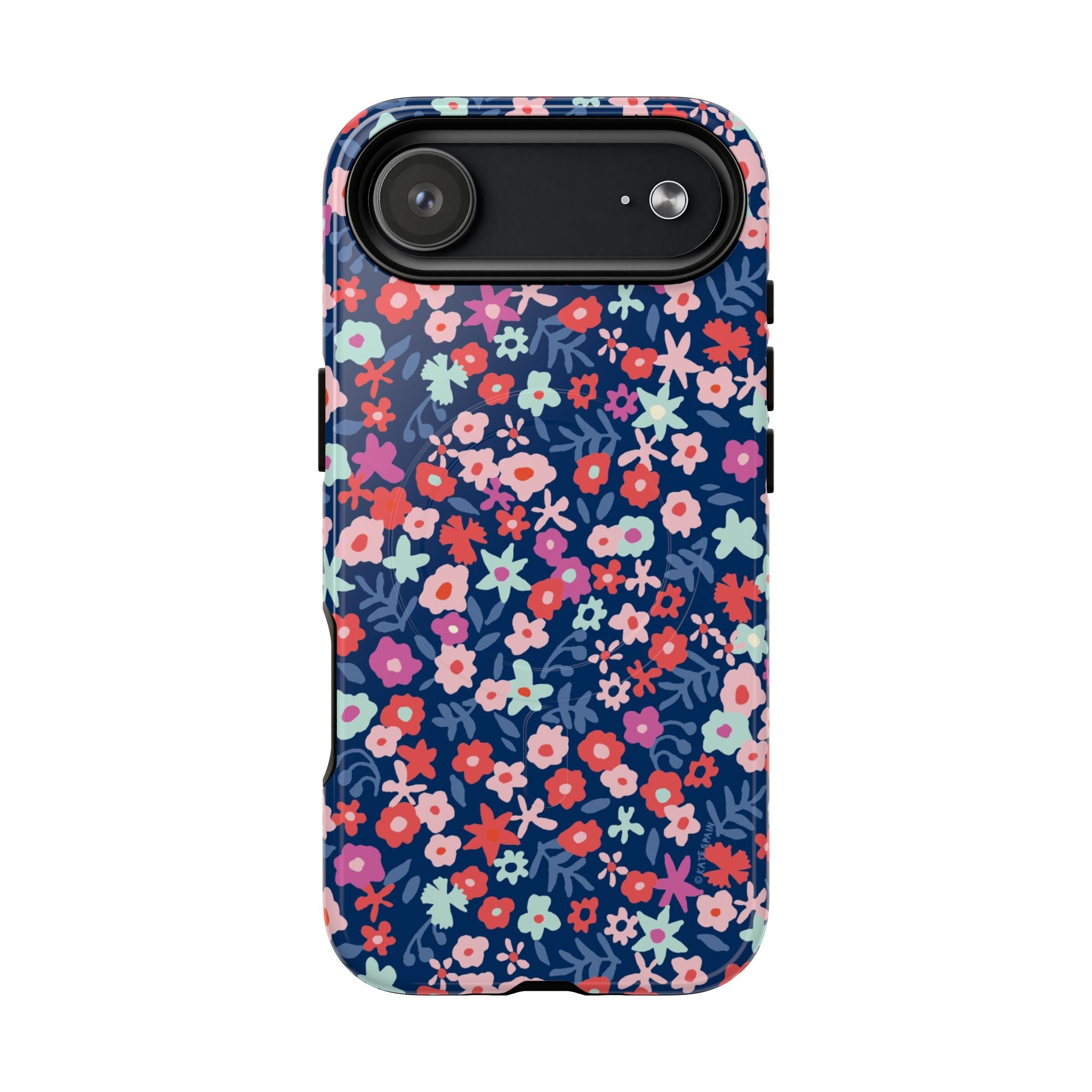 Primrose MagSafe iPhone 17 Air Case – Glossy | navy, pink, white ditsy floral print
