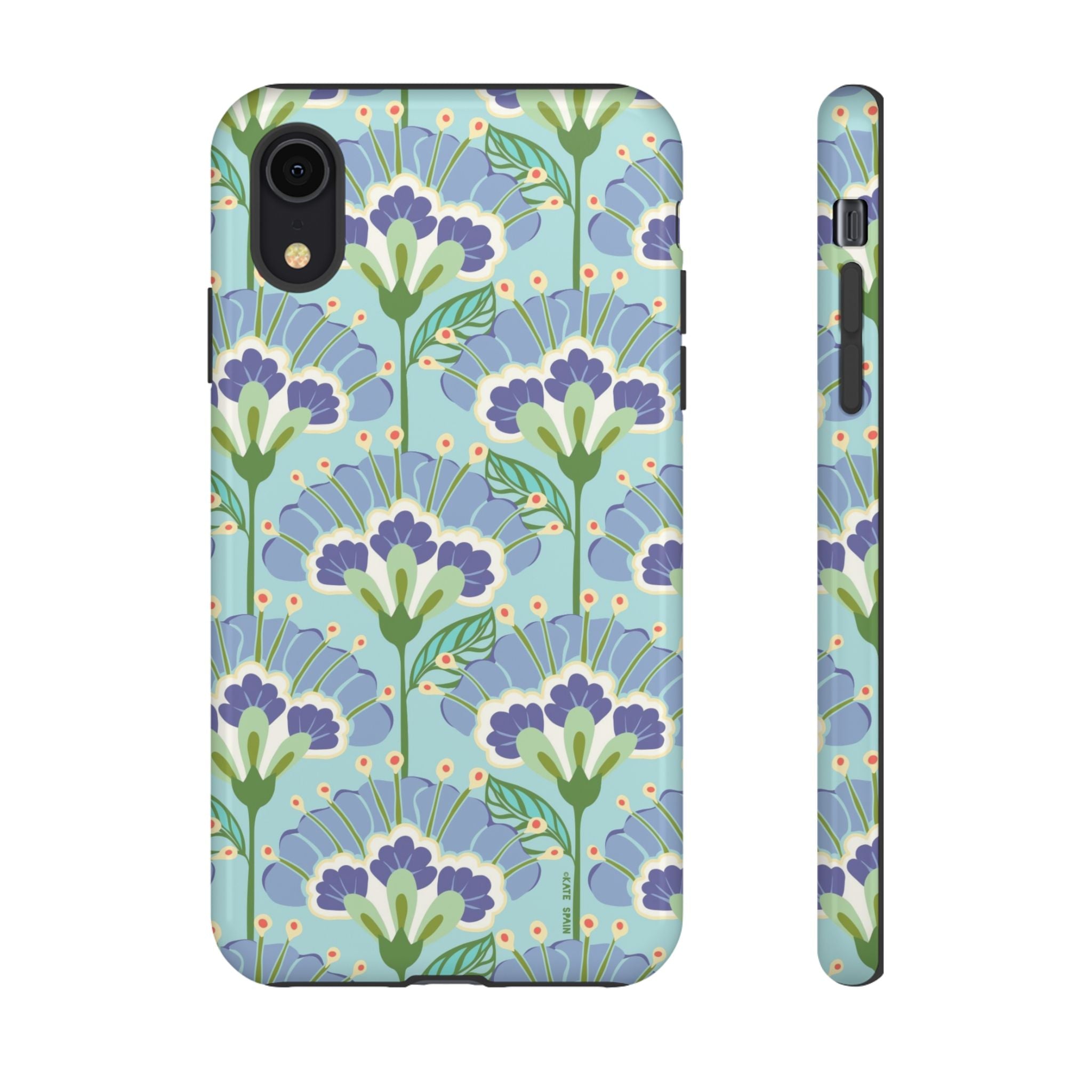 Lantern Flower Tough iPhone XR Case – Glossy | aqua, periwinkle, green botanical lantern floral print