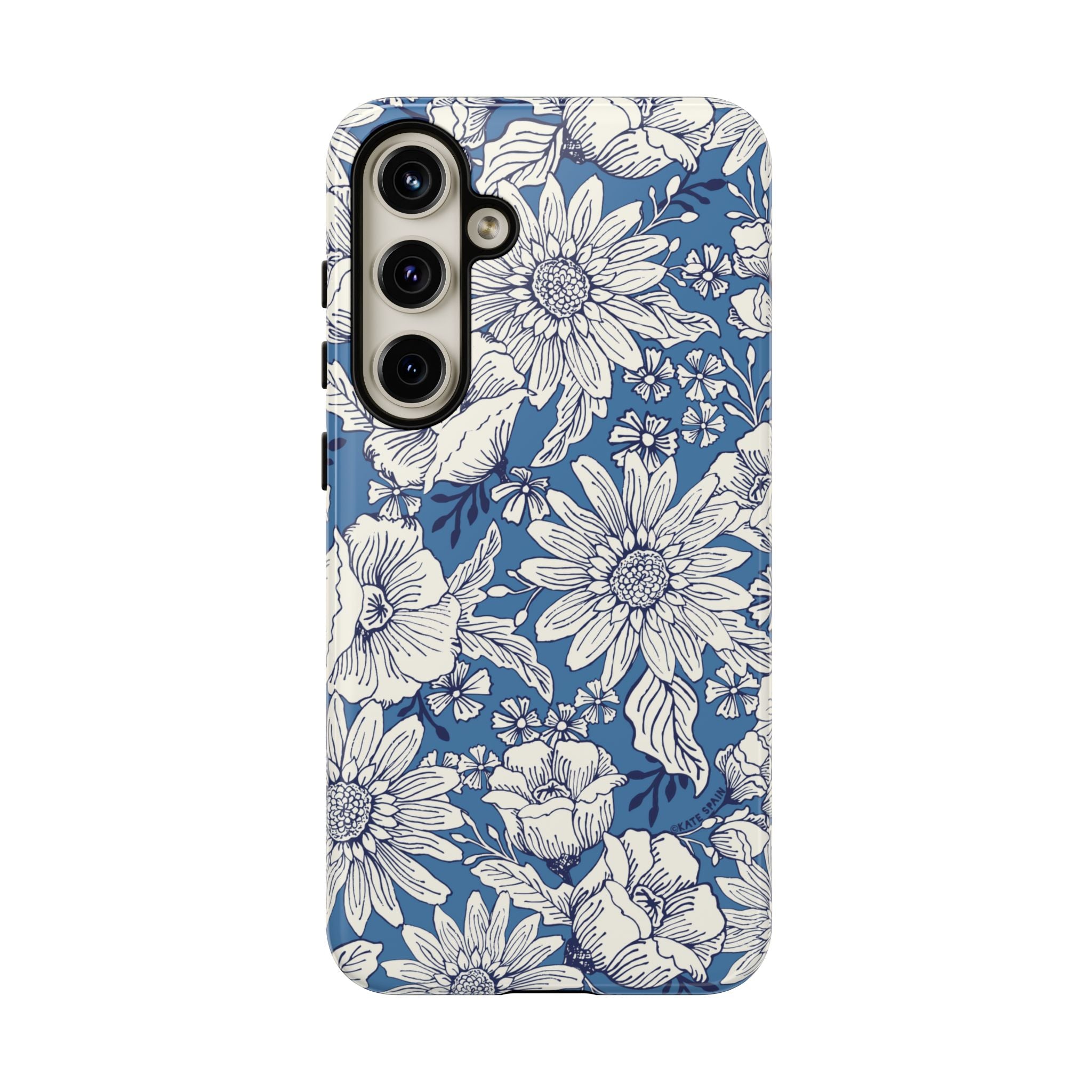 Luxury Jardin Samsung Galaxy S24 Plus Case – Glossy | steel blue, white botanical daisy floral print