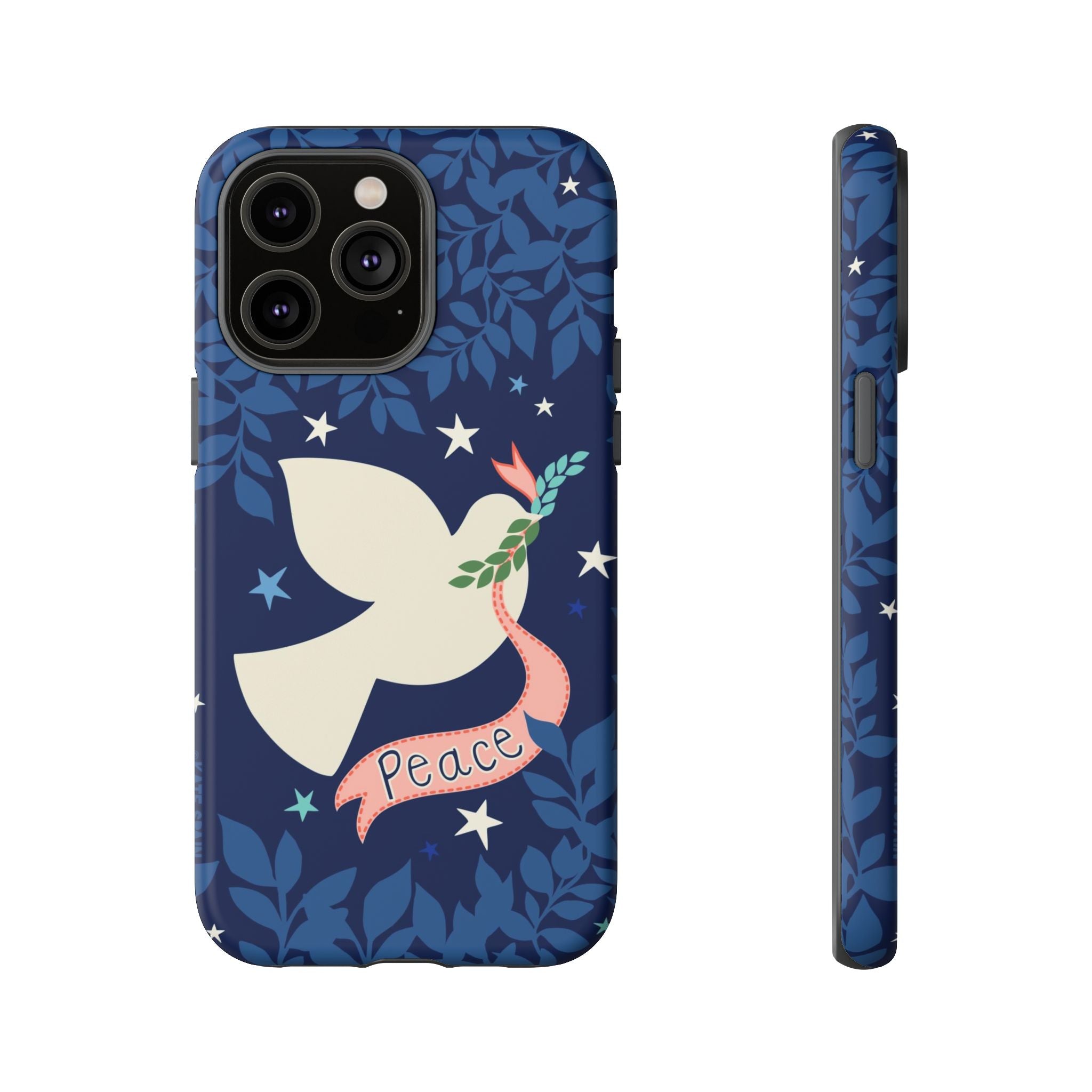 Peace Tough iPhone 14 Pro Max Case – Matte | navy, cream peace dove, stars, botanical print