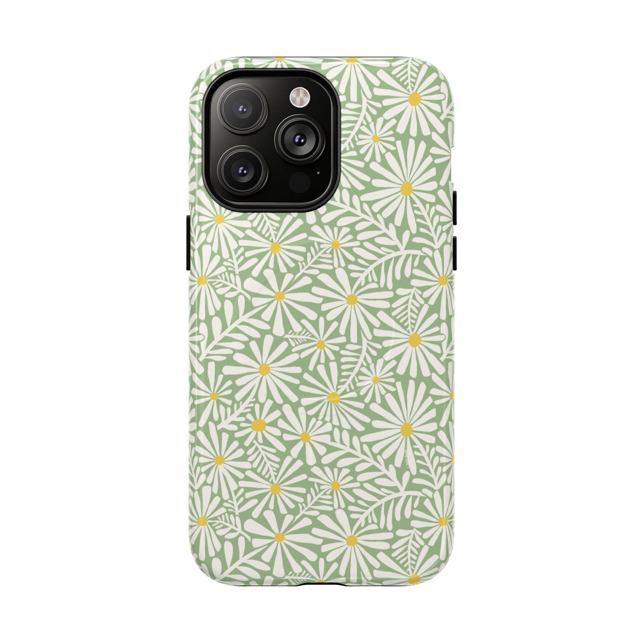 Montauk Daisy Meadow Green MagSafe iPhone 14 Pro Max Case – Glossy | sage green, white graphic daisy and fern print, golden yellow centers MagSafe compatible, dual-layer protection
