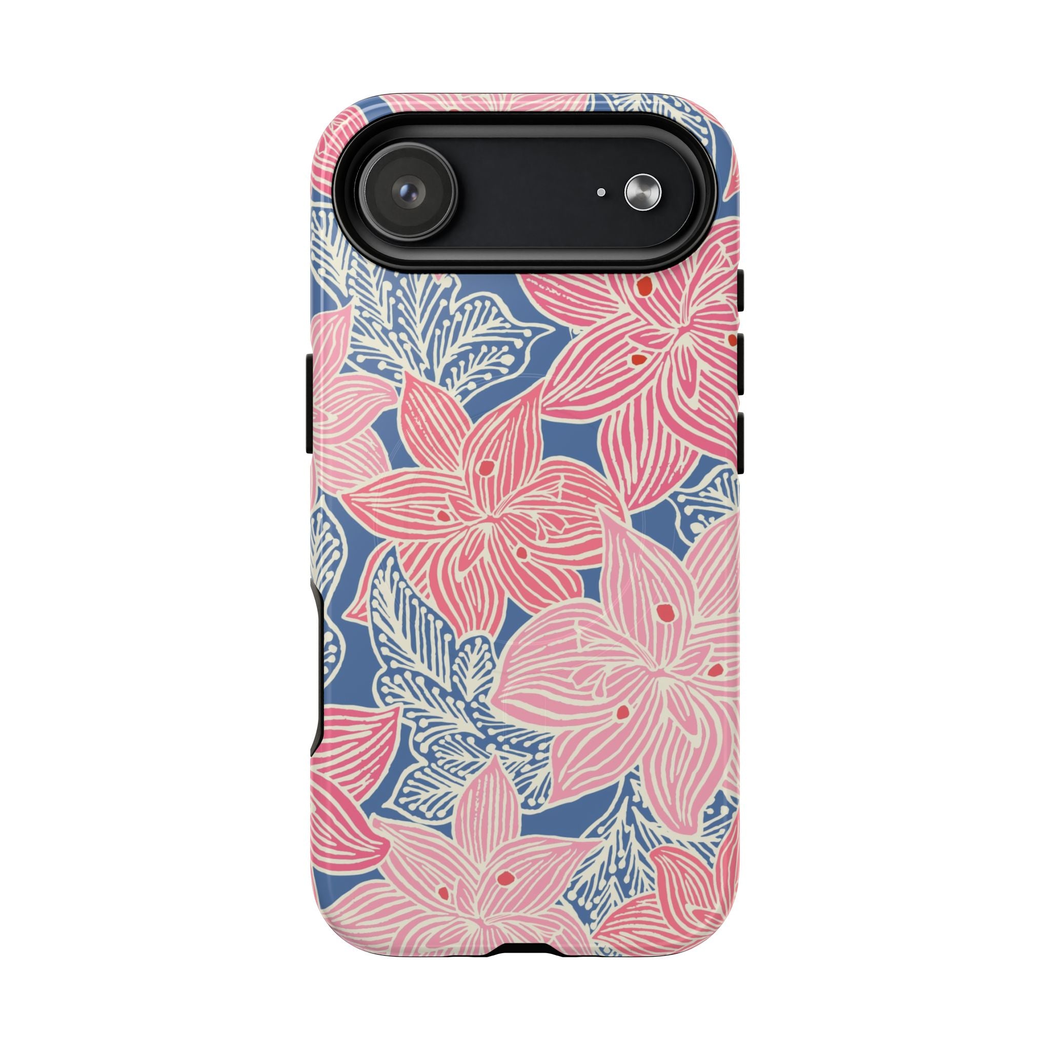 Hibiscus Lagoon MagSafe iPhone 17 Case – Glossy | coral, blush, cream, dusty blue hibiscus botanical print