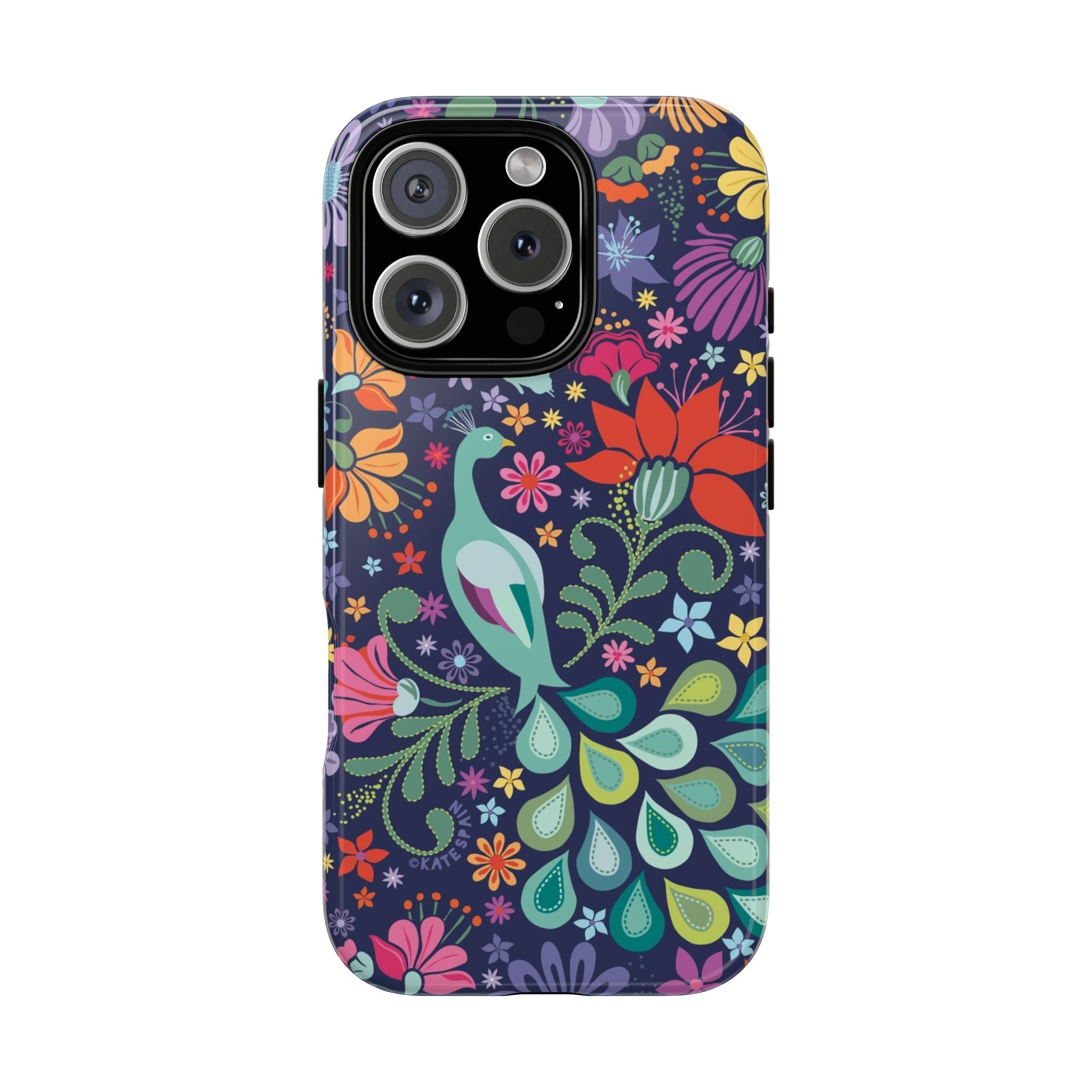 Peacock Sanctuary Tough iPhone 16 Pro Max Case – Glossy | navy, teal, coral multicolor vibrant peacock feather botanical print