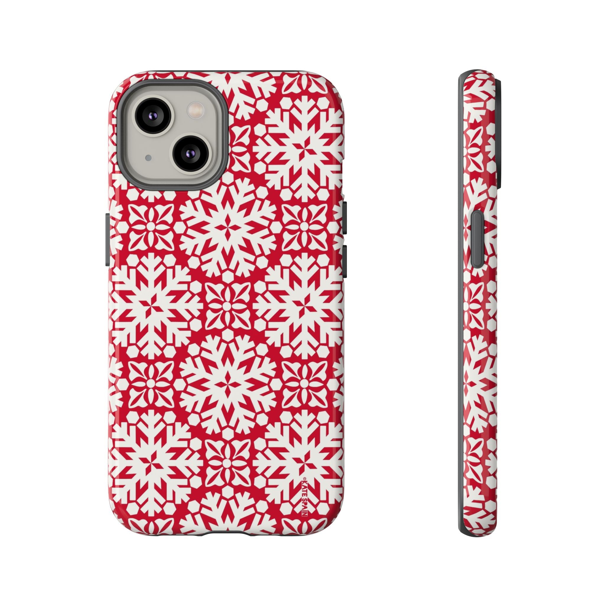 Flurry Tough iPhone 14 Case – Glossy | red, cream geometric snowflake medallion print