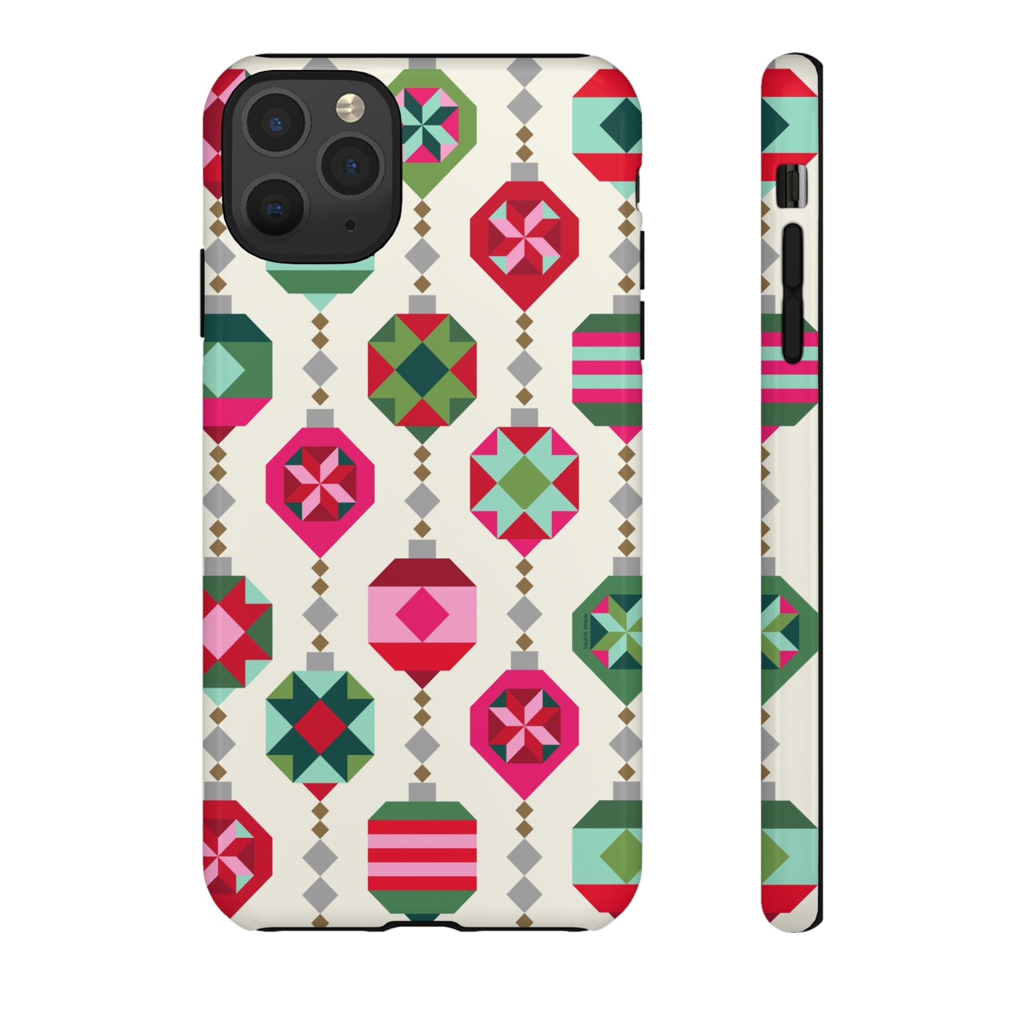 Felicity Ornaments Tough iPhone 11 Pro Max Case – Glossy | cream, red, pink, green, mint geometric quilted ornament print