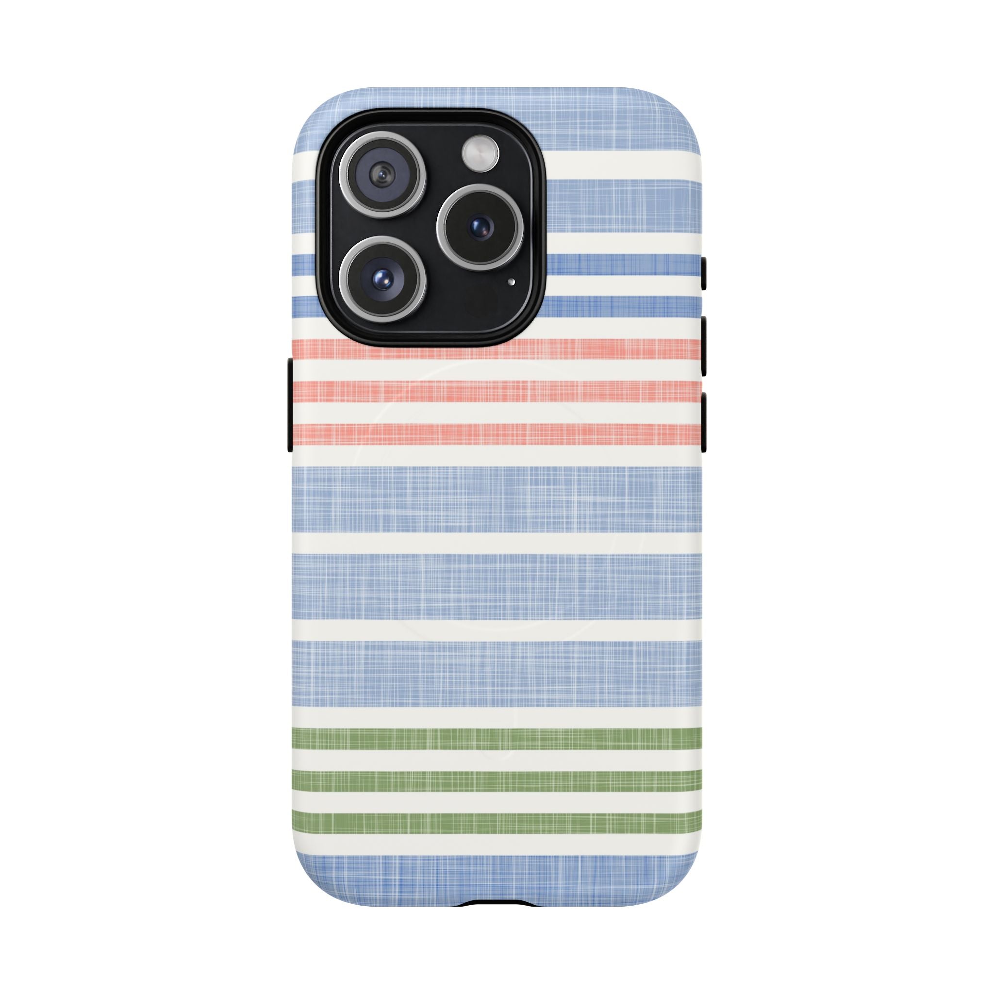 Cabana Stripe Pastel MagSafe iPhone 15 Pro Case – Matte | soft blue, coral, sage green chambray-textured stripe print MagSafe compatible, dual-layer protection
