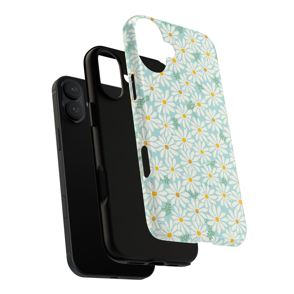 Daisies MagSafe iPhone 17 Case – Dual-layered view of case and inner lining in front of phone, with view of camera cutout and buttons