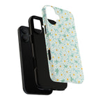 Daisies MagSafe iPhone 17 Case – Dual-layered view of case and inner lining in front of phone, with view of camera cutout and buttons