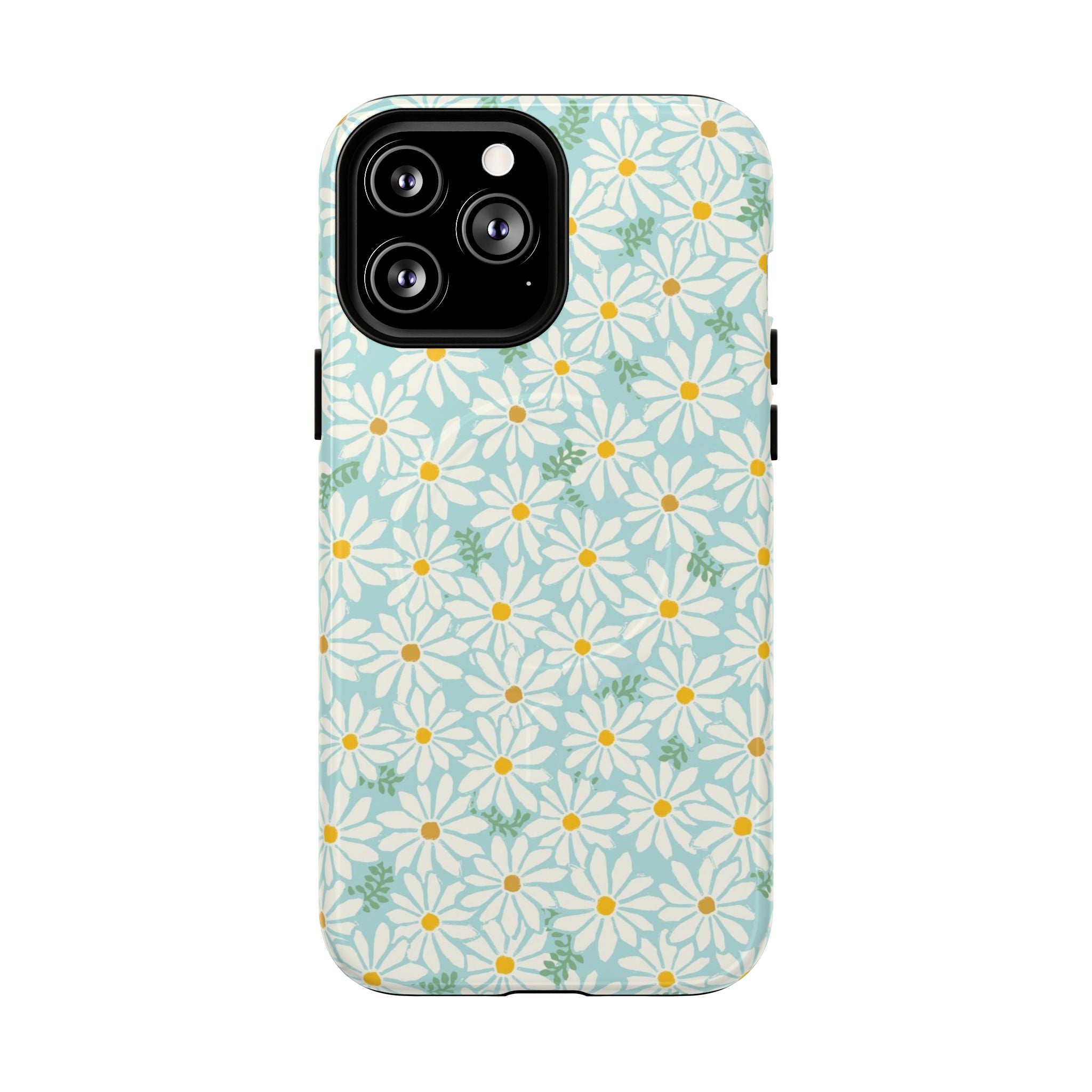 Daisies MagSafe iPhone 13 Pro Max Case – Glossy | sky blue, white daisy print, golden yellow centers, mint green leaves MagSafe compatible, dual-layer protection