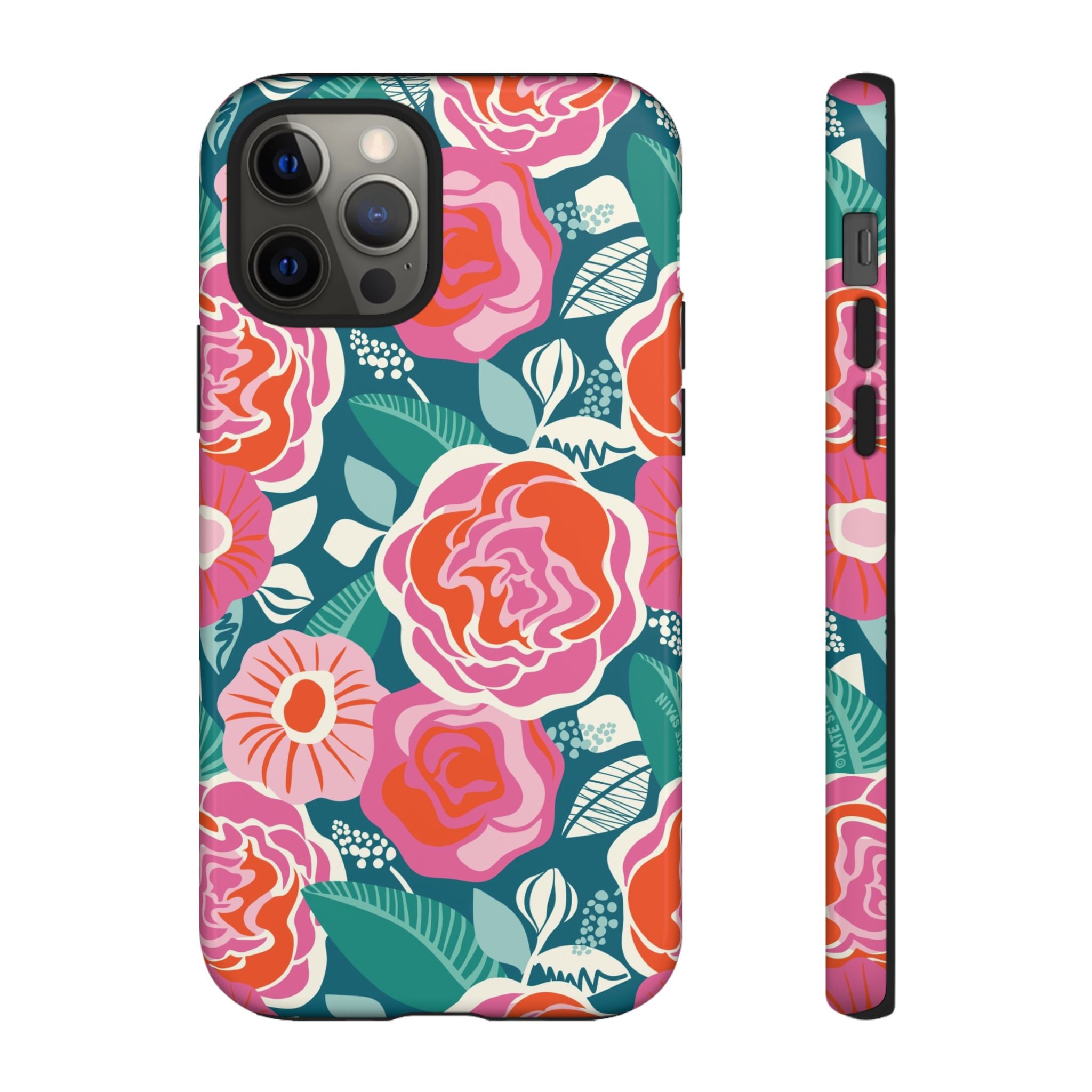 Tea Rose Teal Tough iPhone 12 Pro Case – Glossy | teal, coral, pink botanical rose floral print