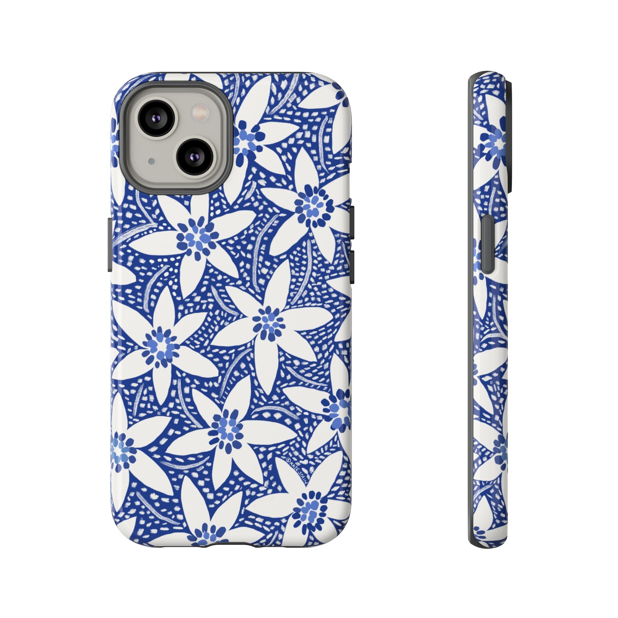 Starflower iPhone 14 Case – Glossy | navy, white geometric starflower print