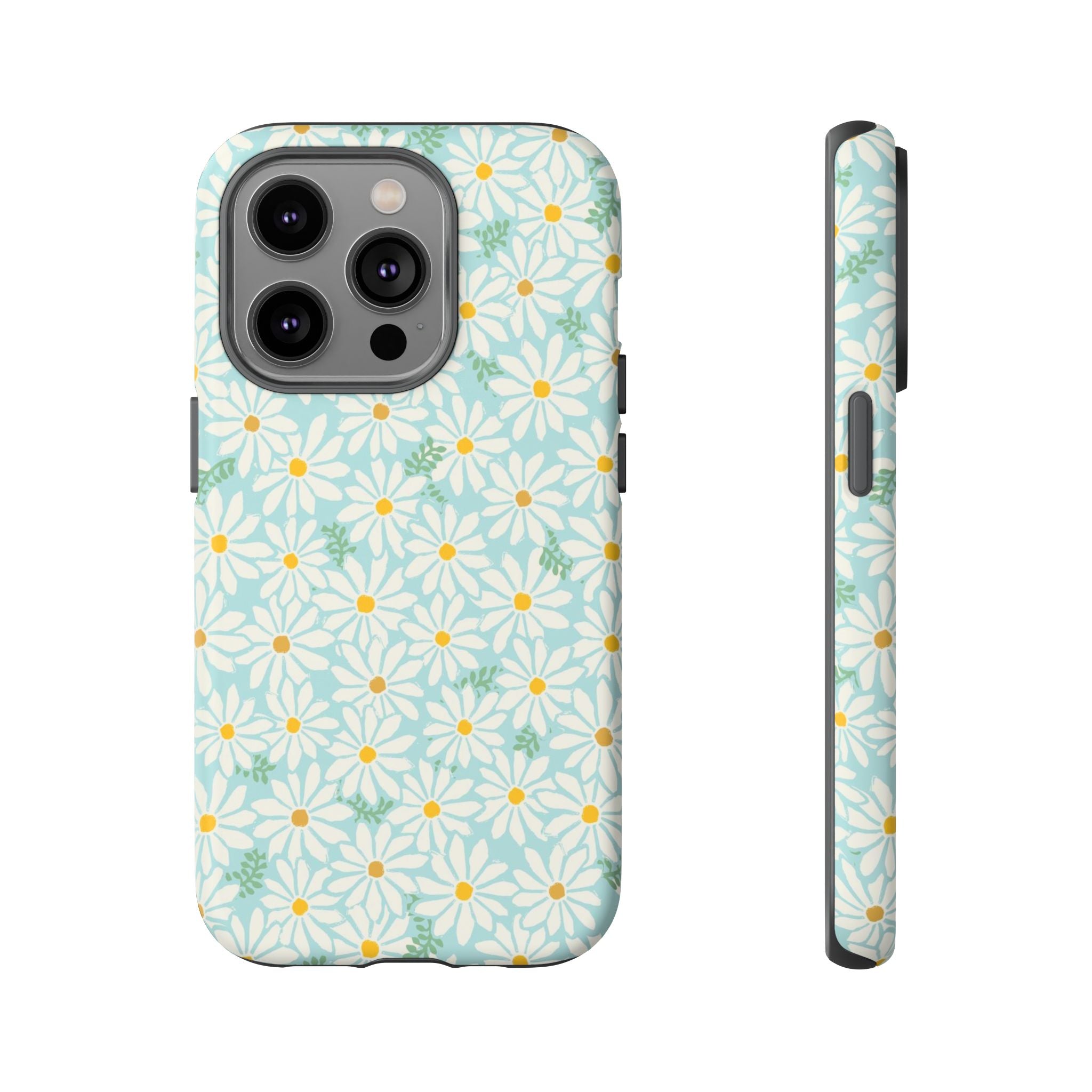 Daisies Tough iPhone 14 Pro Case – Matte | sky blue, white daisy print, golden yellow centers, mint green leaves dual-layer protection