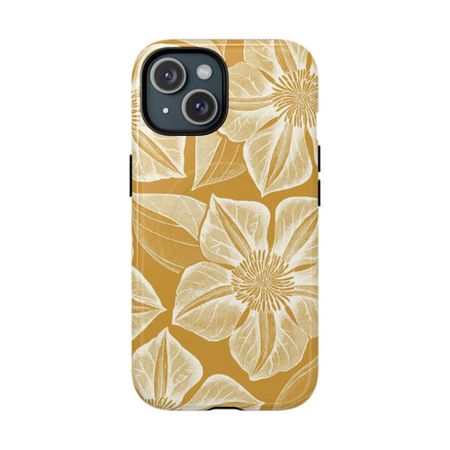 Vintage Bloom Gold MagSafe iPhone 15 Case – Glossy | warm gold ground, large-scale cream clematis print, engraved petal detail, dual-layer protection