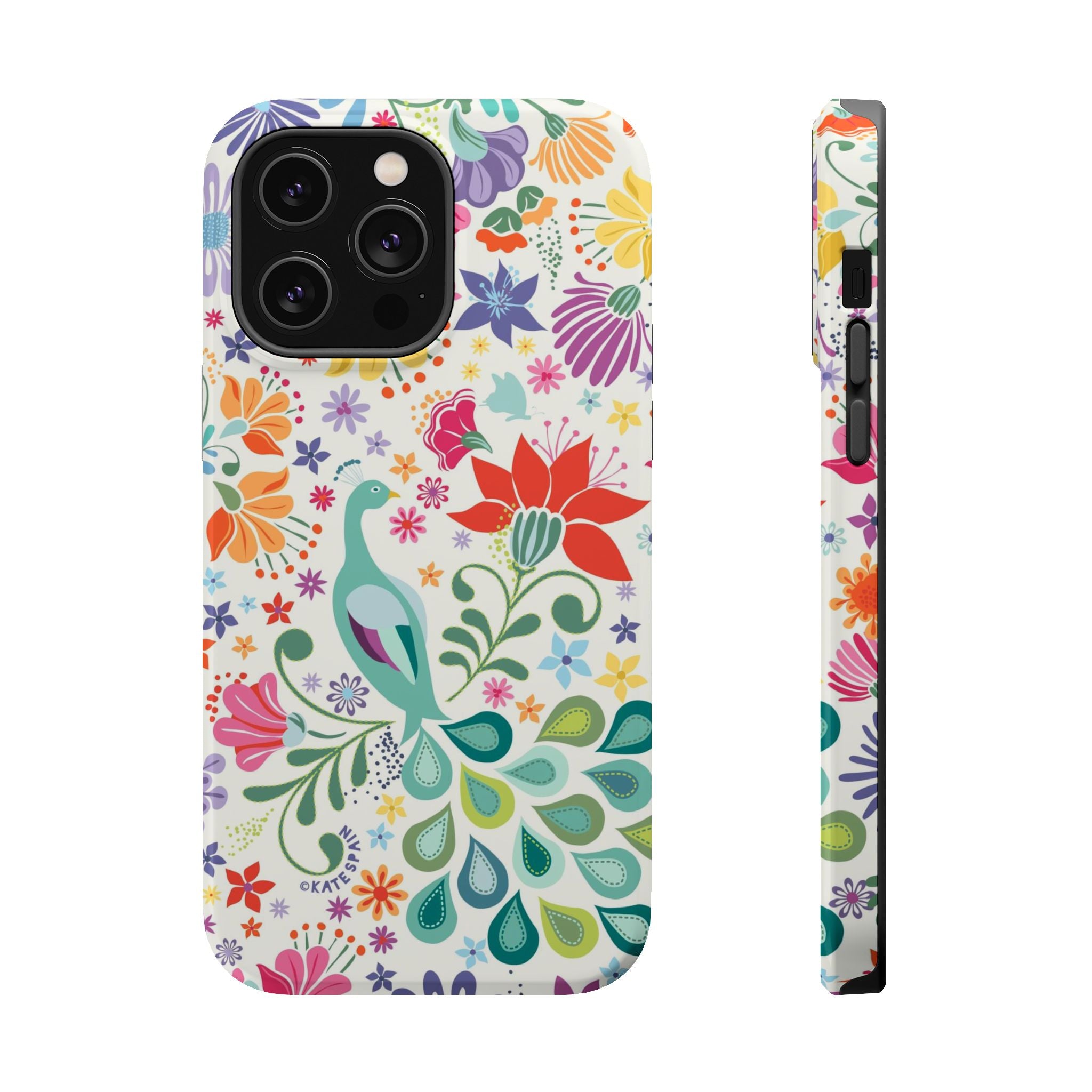 Peacock Sanctuary MagSafe iPhone 14 Pro Max Case – Glossy | ivory, teal, navy peacock botanical print MagSafe compatible, dual-layer protection