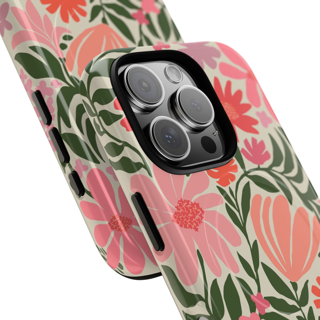 Botanica MagSafe iPhone 16 Pro Max Case – Glossy | coral, pink, sage green botanical wildflower print | angled view closeup of camera cutout and buttons