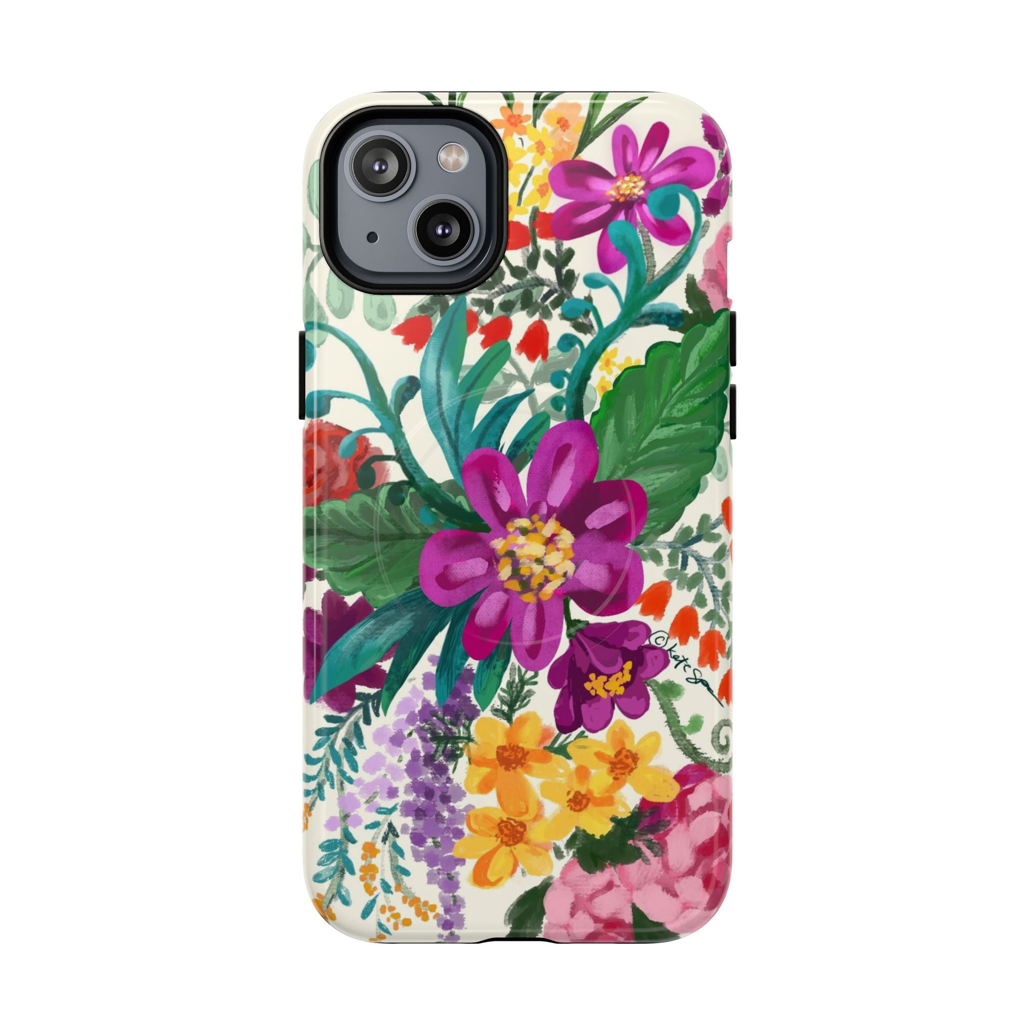 Posy MagSafe iPhone 14 Plus Case – Glossy | cream, magenta, coral botanical floral print