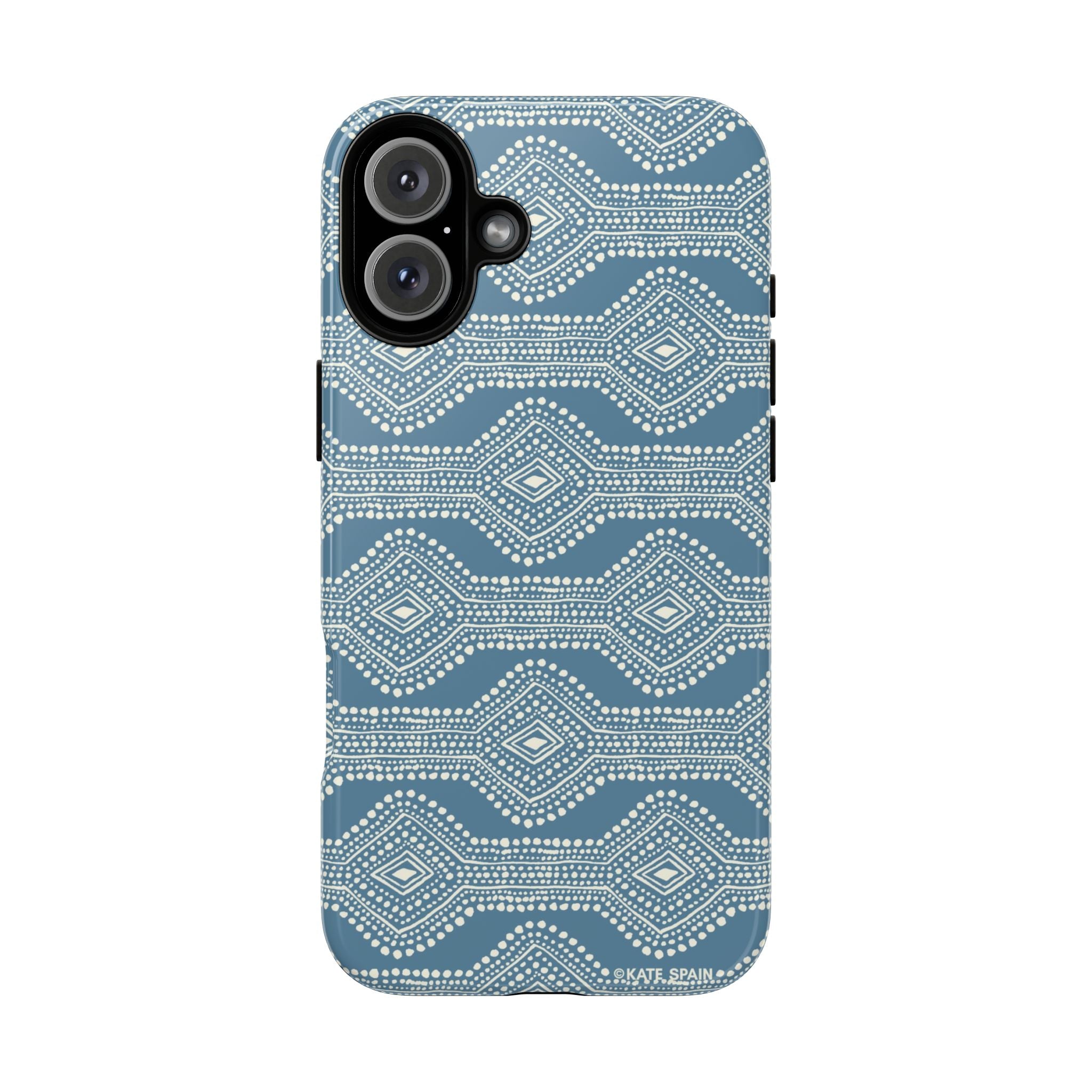 Diamond Dots Tough iPhone 16 Plus Case – Glossy | steel blue, white diamond dot geometric print