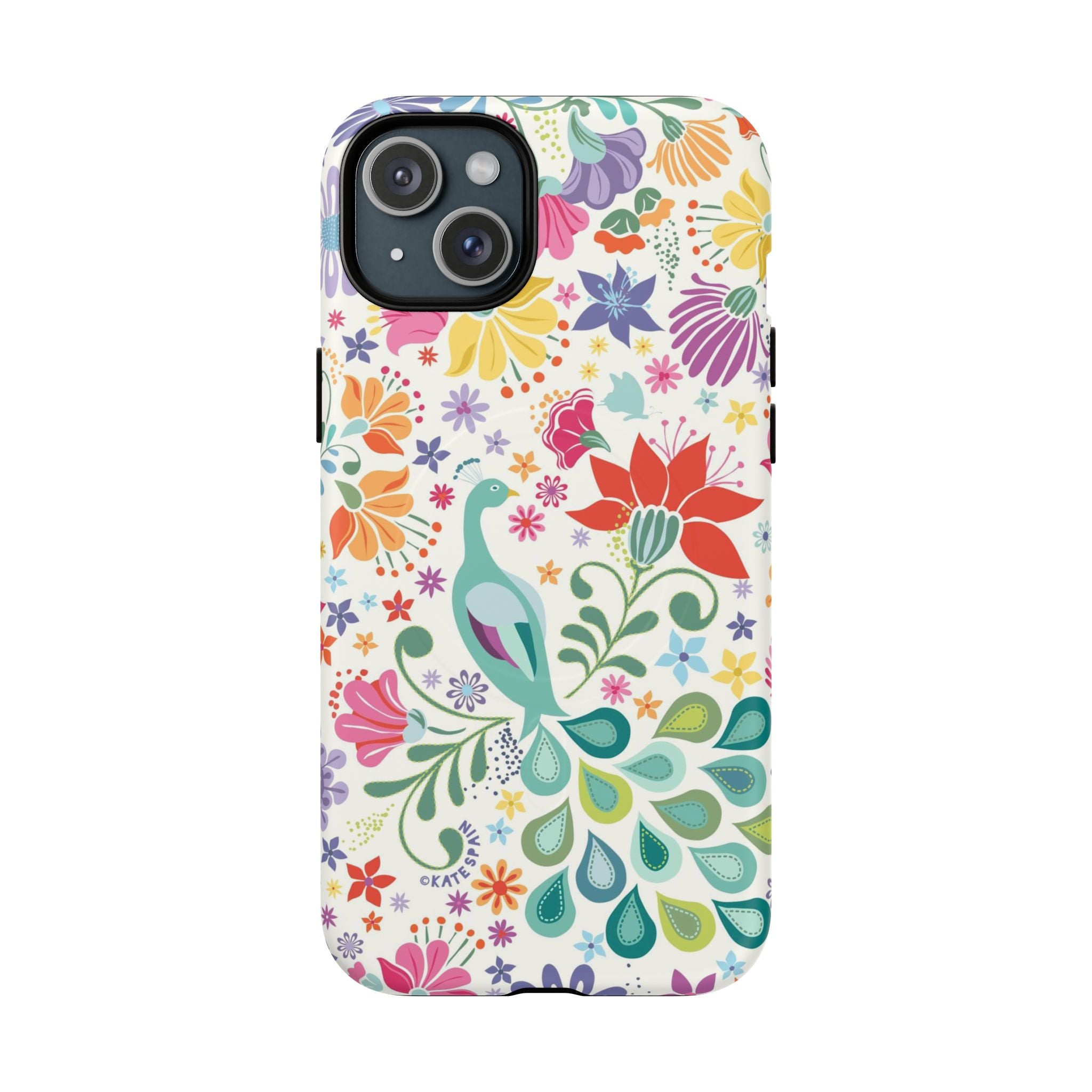 Peacock Sanctuary MagSafe iPhone 15 Plus Case – Matte | cream, teal, coral multicolor vibrant peacock feather botanical print