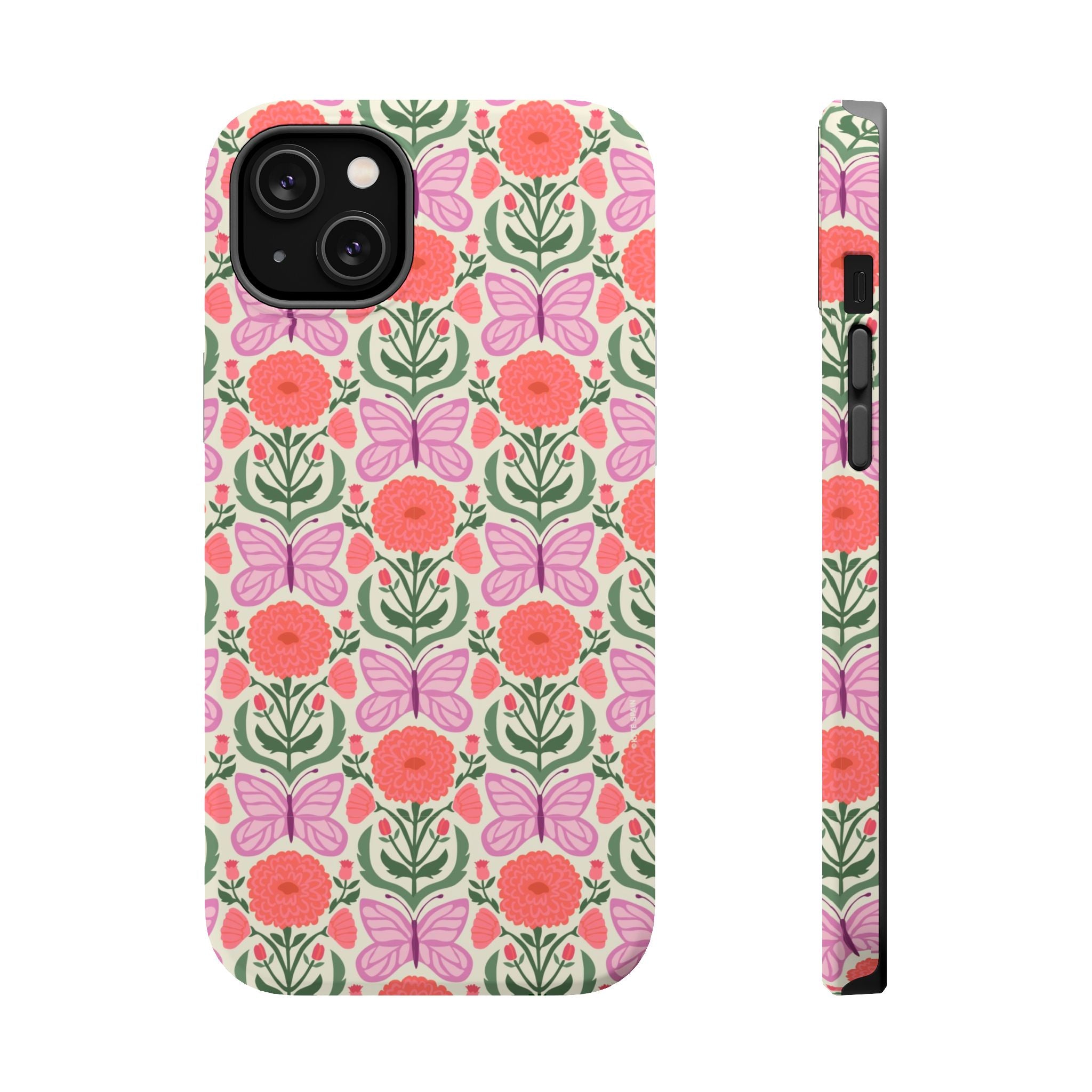 Pink Butterfly MagSafe iPhone 14 Plus Case – Matte | cream, coral, lavender, green butterfly floral print