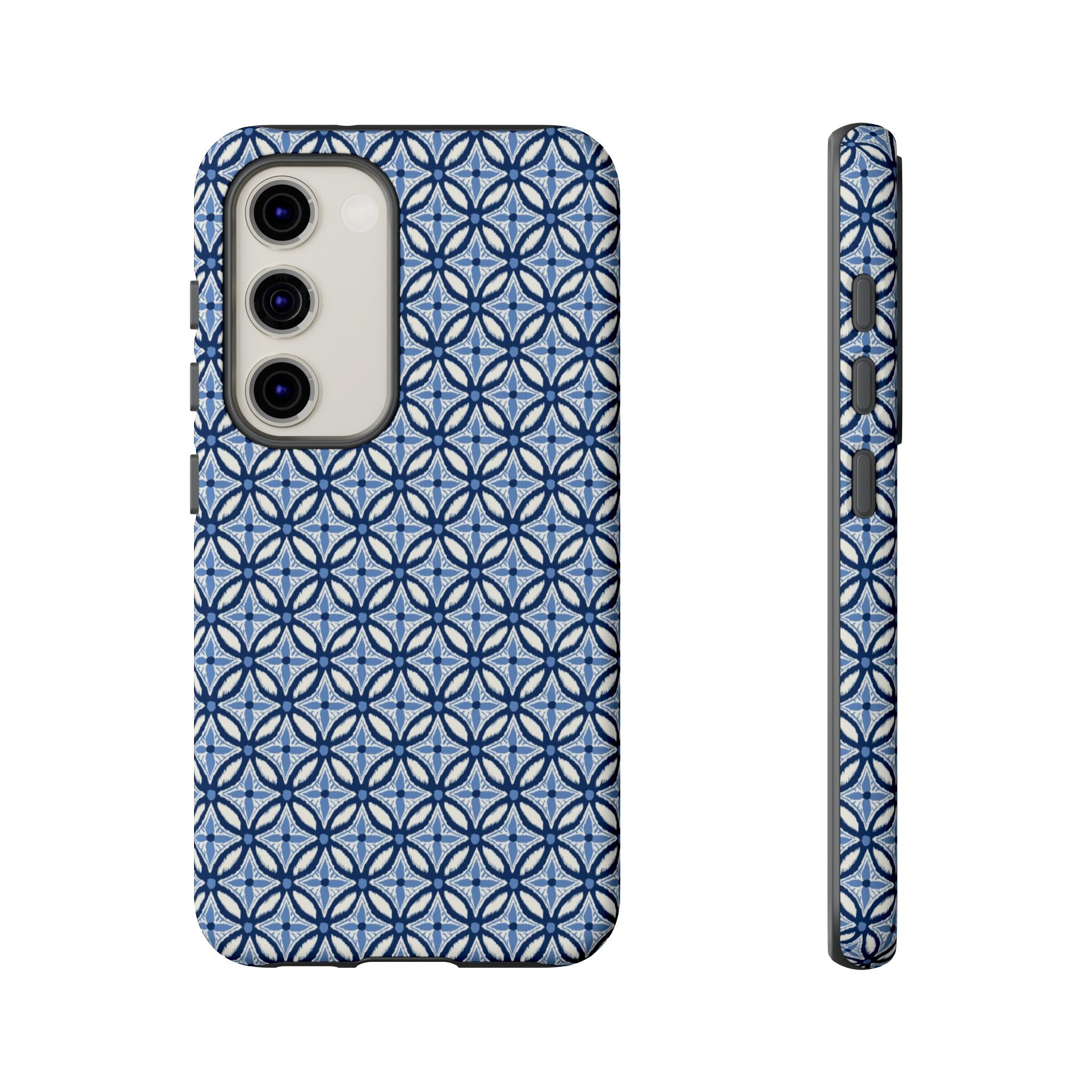 Light blue Samsung Galaxy case with navy and periwinkle ikat geometric pattern — botanical phone case by Kate Spain for Floriori