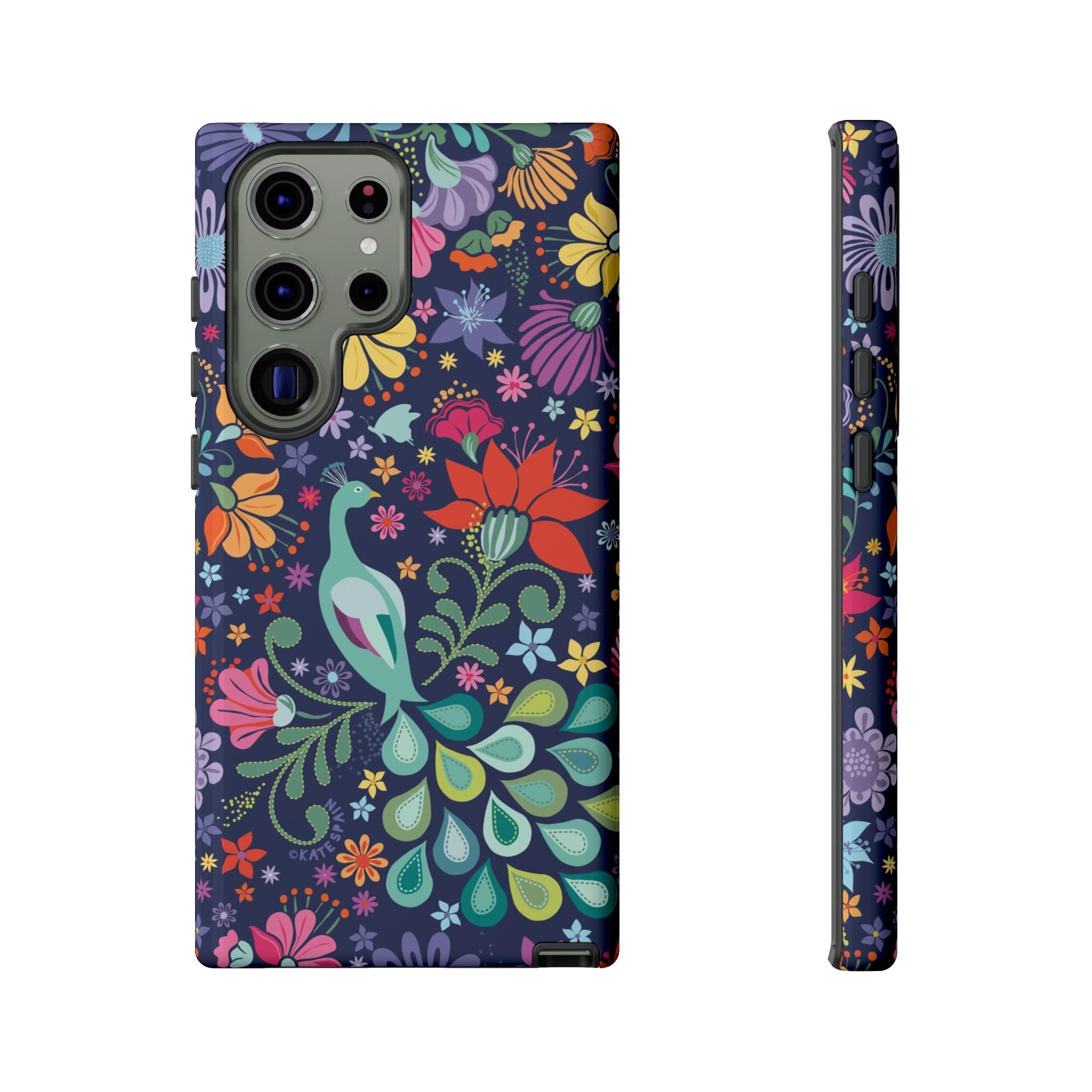Luxury Peacock Sanctuary Samsung Galaxy S23 Ultra Case – Glossy | navy, teal, coral multicolor vibrant peacock feather botanical print