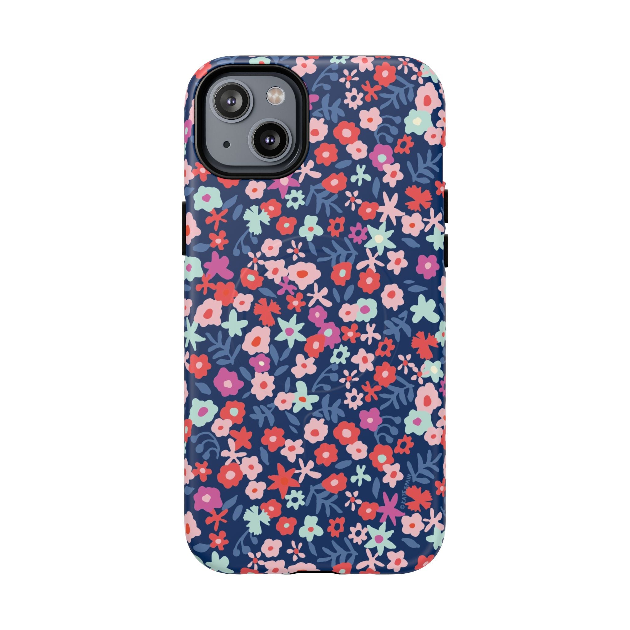 Primrose MagSafe iPhone 14 Plus Case – Matte | navy, pink, white ditsy floral print