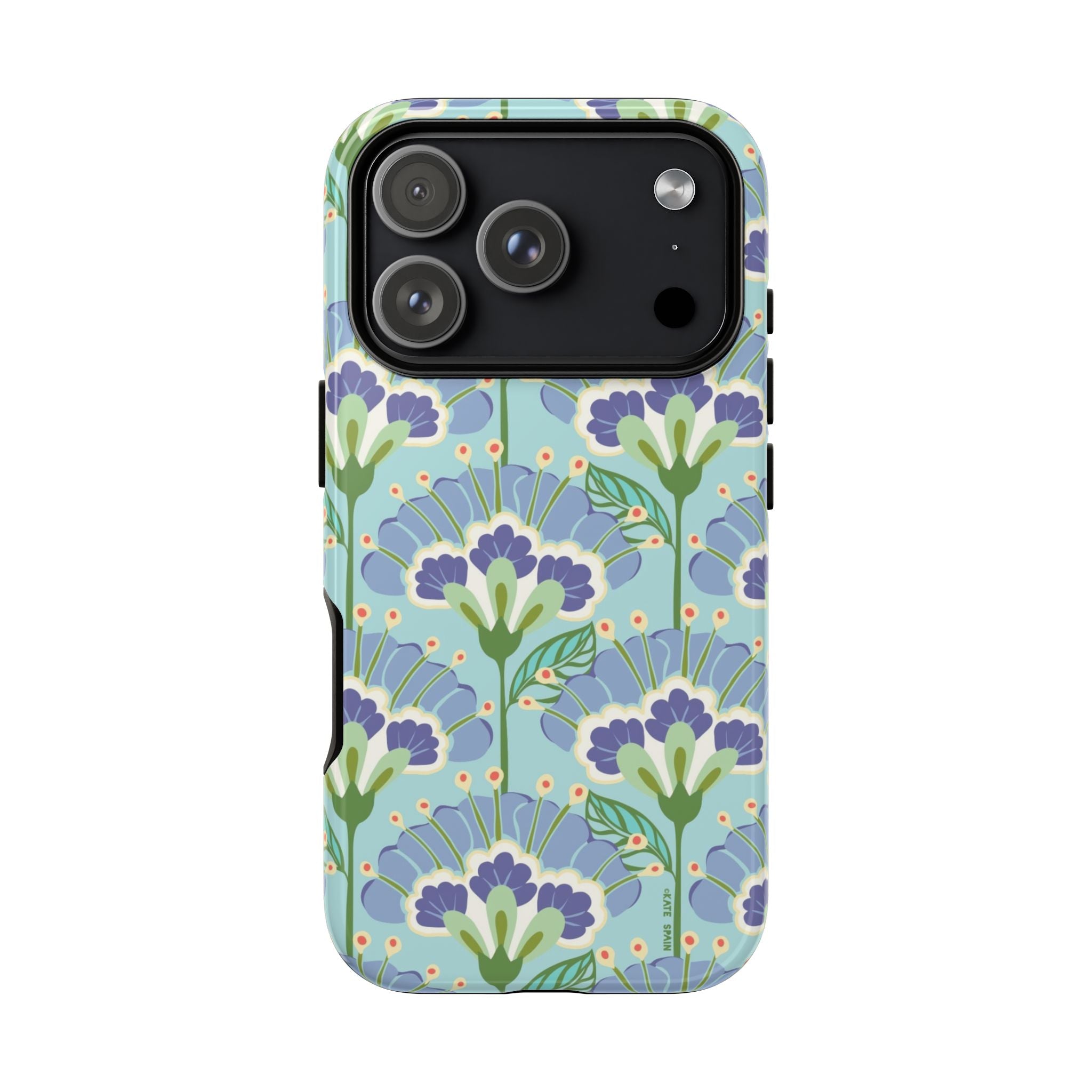 Lantern Flower Tough iPhone 17 Pro Case – Glossy | aqua, periwinkle, green botanical lantern floral print