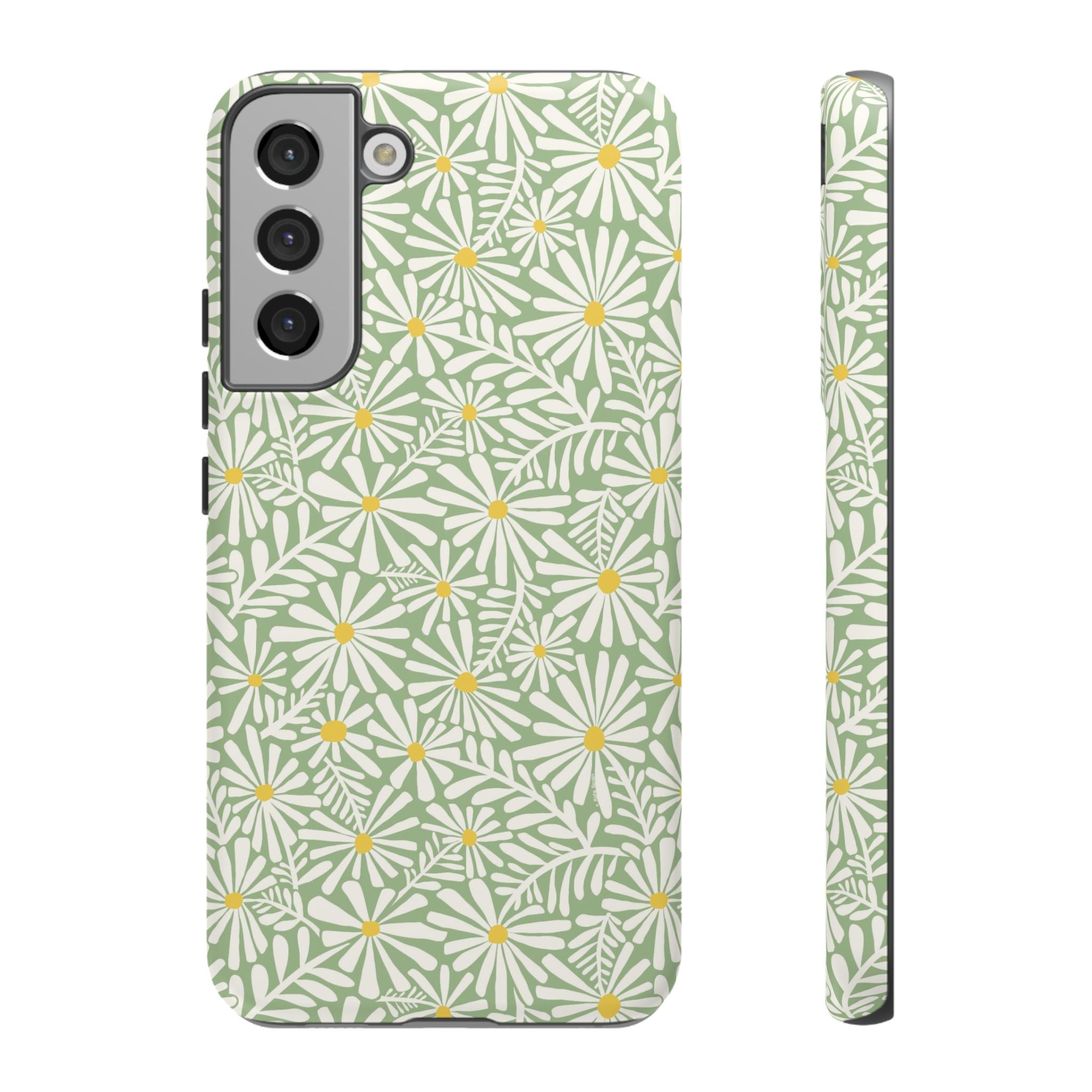 Montauk Daisy Meadow Green Samsung Galaxy S22 Plus Matte case — white daisy and fern print on sage green by Kate Spain
