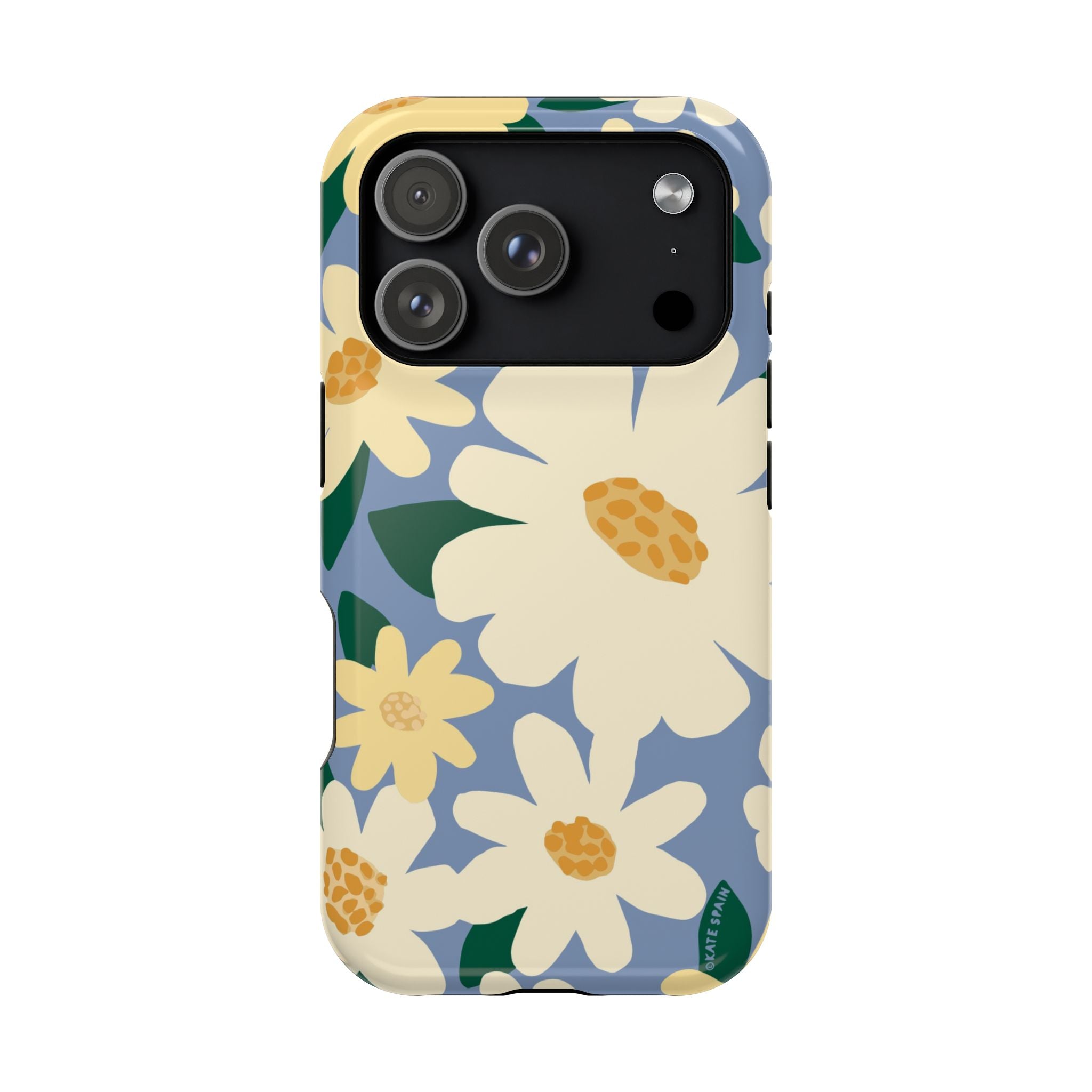 Chamomile MagSafe iPhone 17 Pro Case – Glossy | periwinkle, cream, yellow botanical daisy floral print MagSafe compatible, dual-layer protection