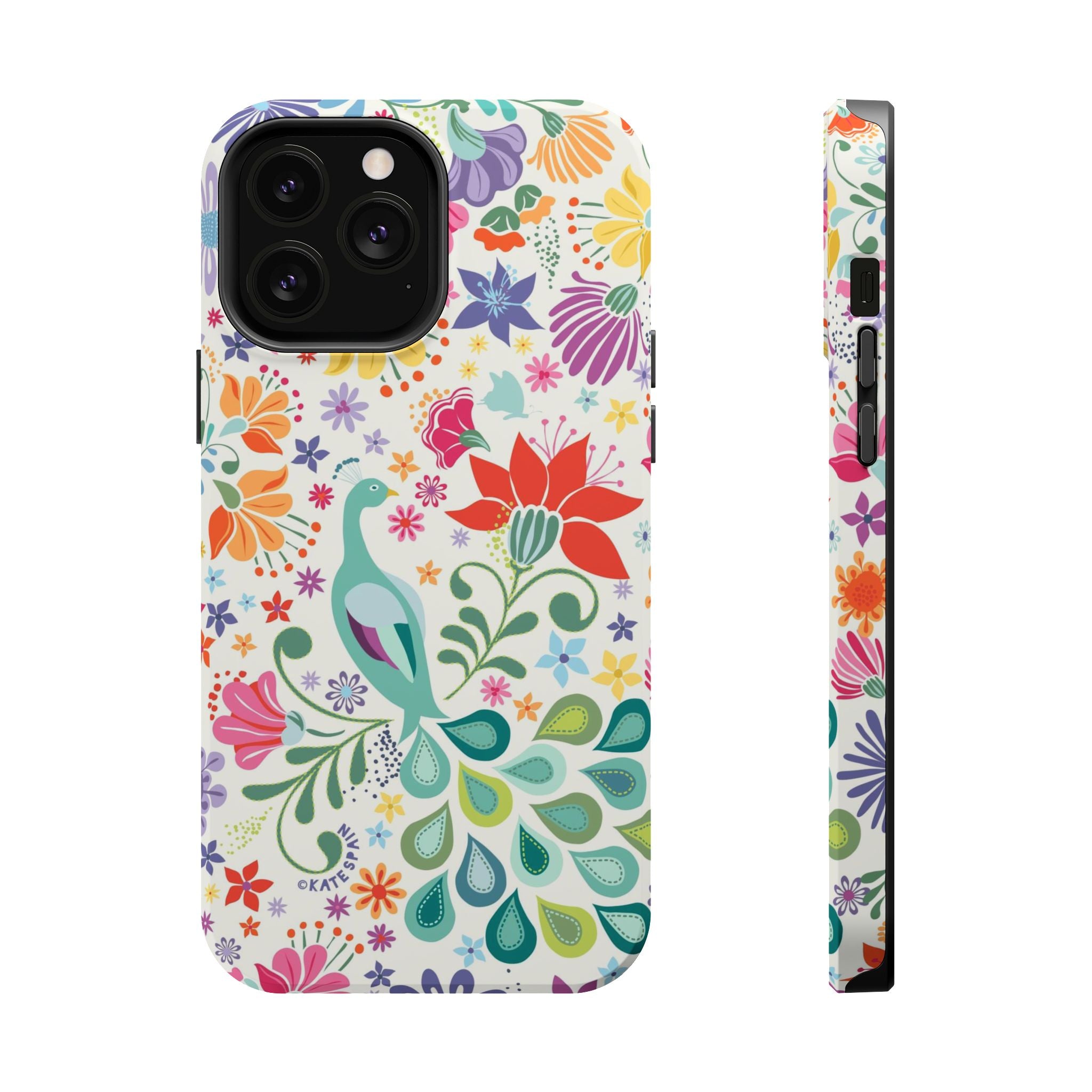Peacock Sanctuary MagSafe iPhone 13 Pro Max Case – Matte | ivory, teal, navy peacock botanical print MagSafe compatible, dual-layer protection