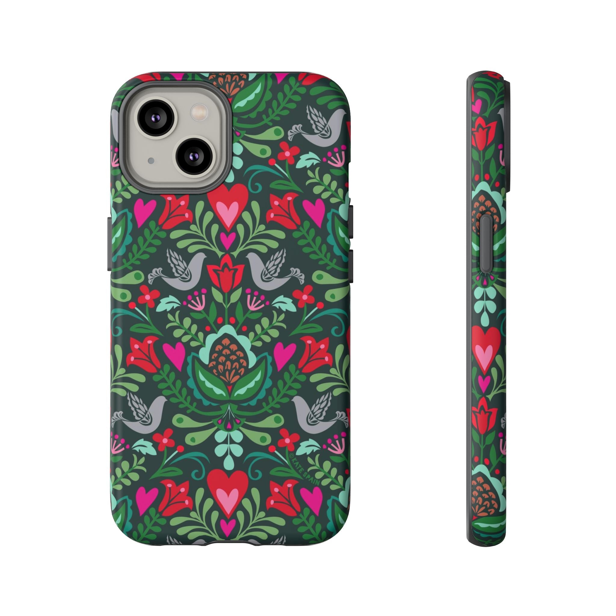Rosemaling Tough iPhone 14 Case – Matte | dark green, red, pink, gray folk art floral bird print