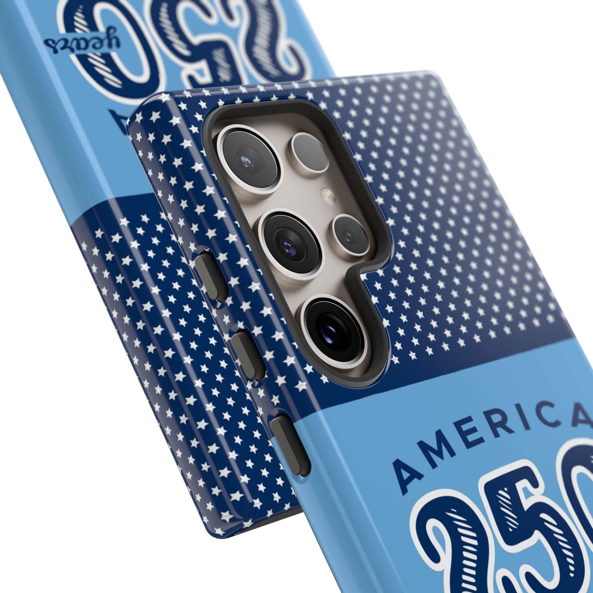 Sea to Shining Sea Samsung Galaxy S24 Ultra Case – angled view close-up of buttons and camera cutout in case in navy, sky blue, red patriotic America 250 commemorative print