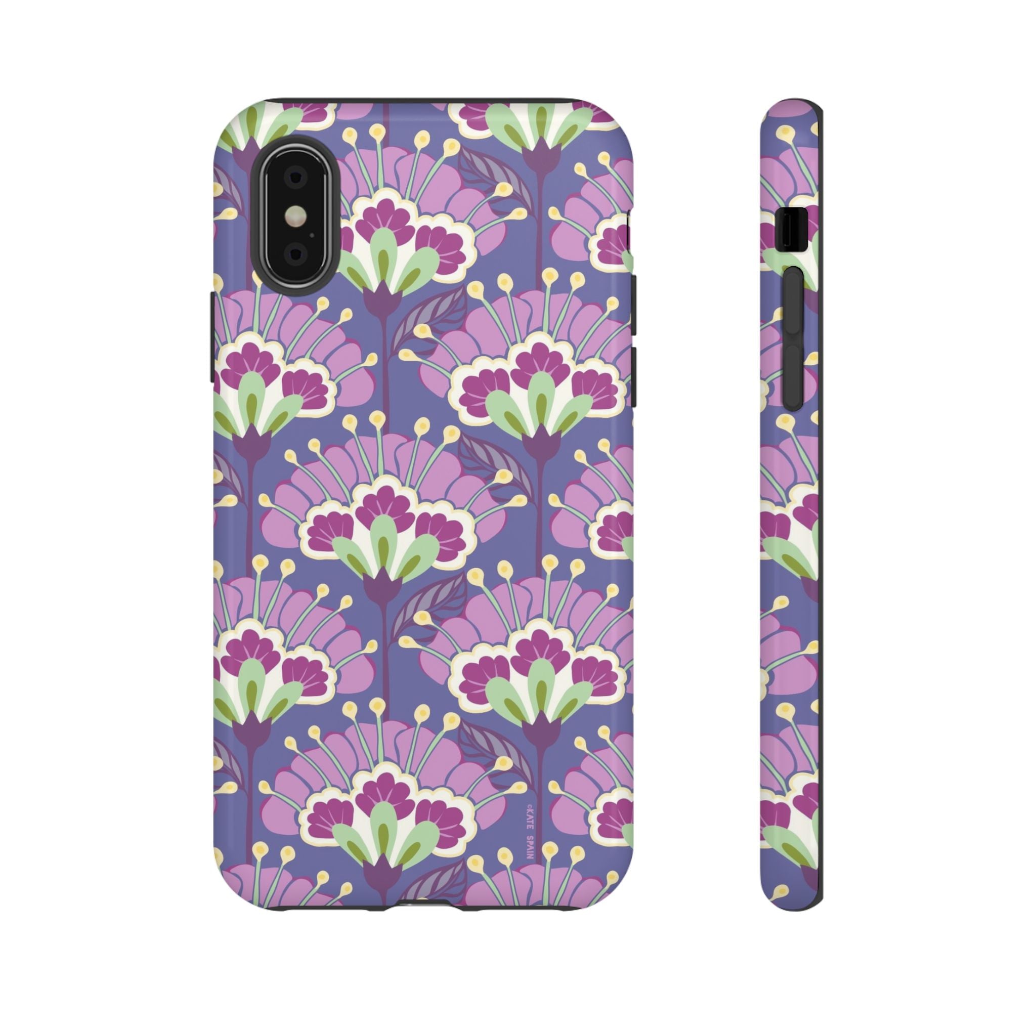 Lantern Flower Tough iPhone XS Case – Glossy | periwinkle, purple, mauve, sage botanical lantern floral print
