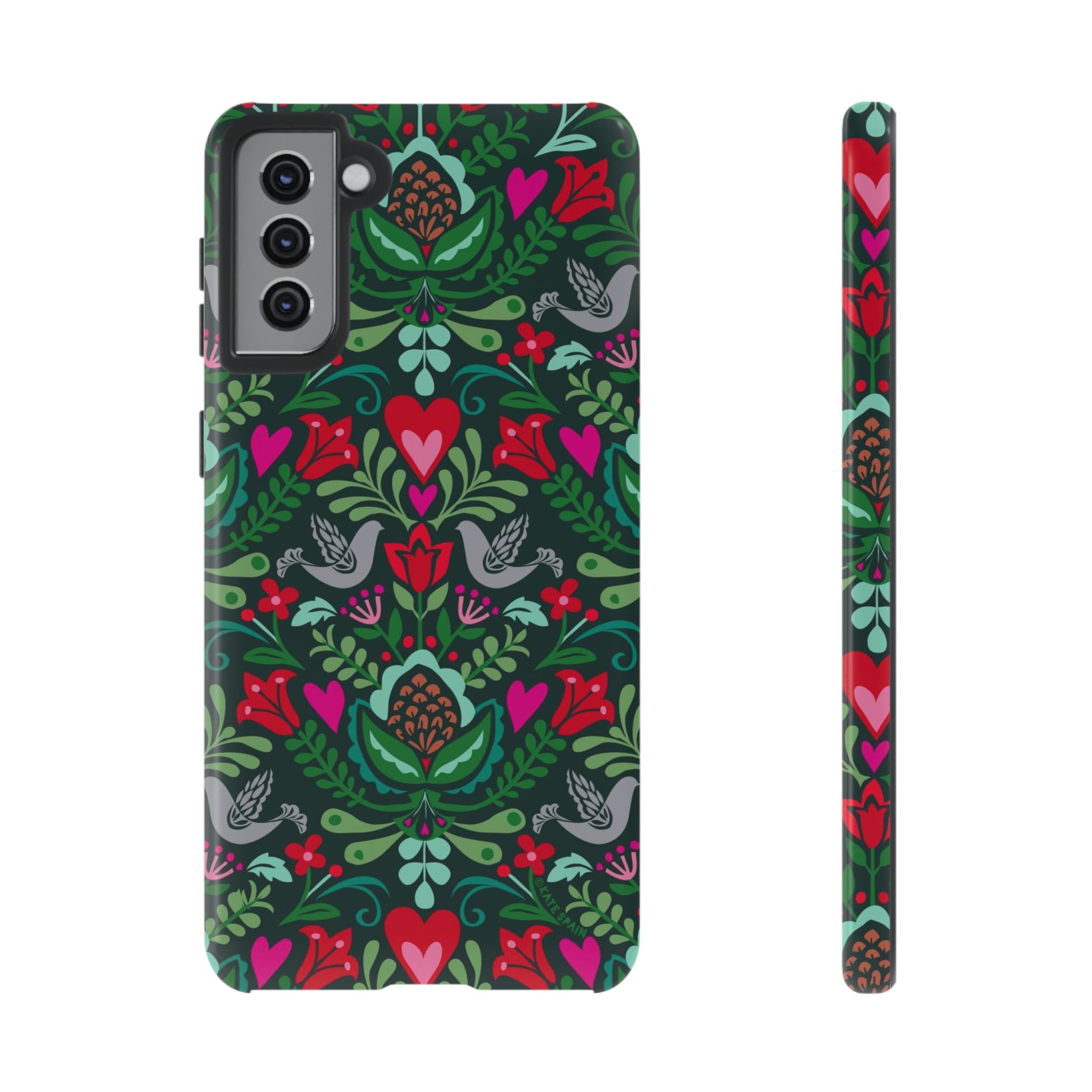 Rosemaling Samsung Galaxy S21 Plus Case – Glossy | forest green, red, pink rosemaling floral print