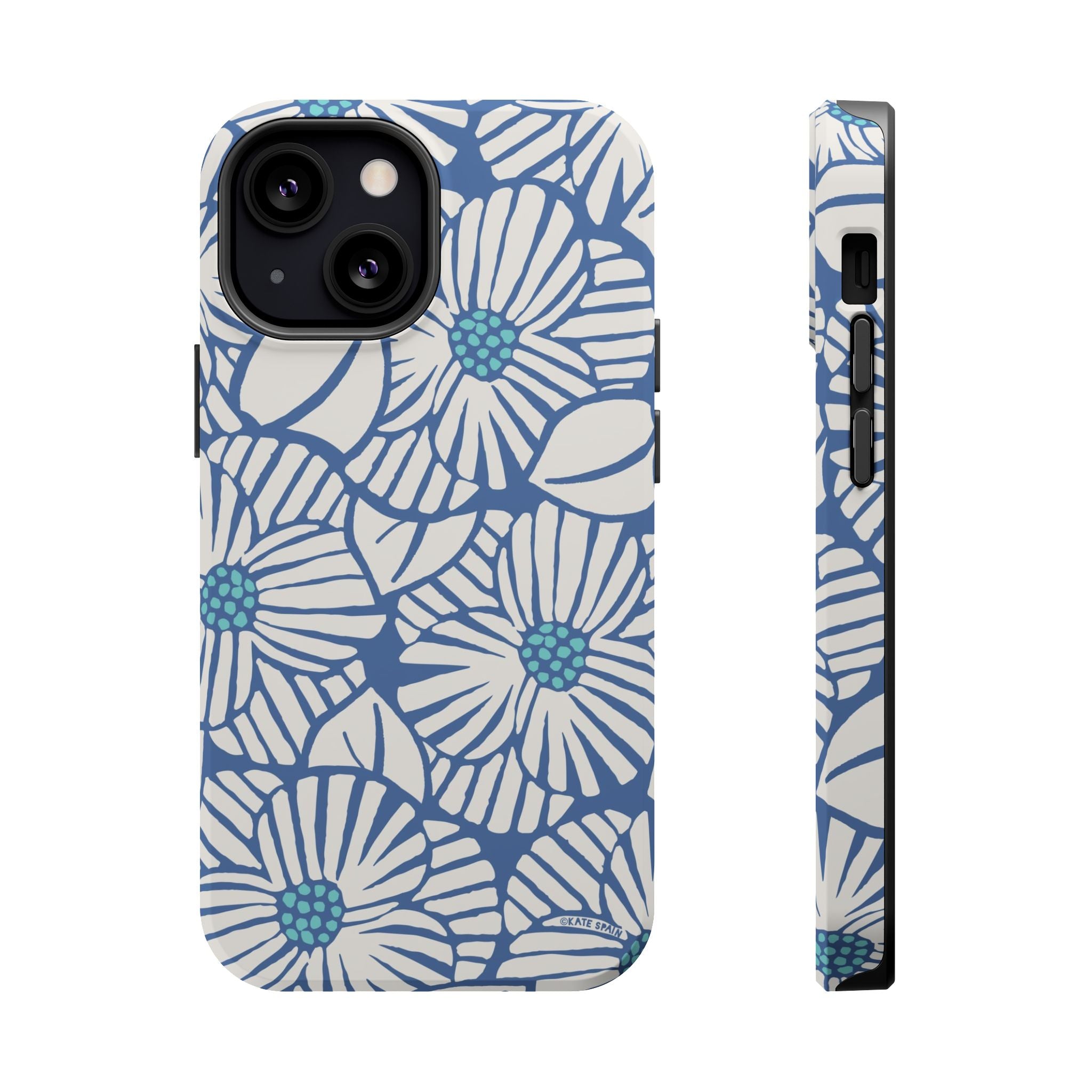 Calendula MagSafe iPhone 13 Pro Case – Glossy | slate blue, cream, teal kimono botanical print
