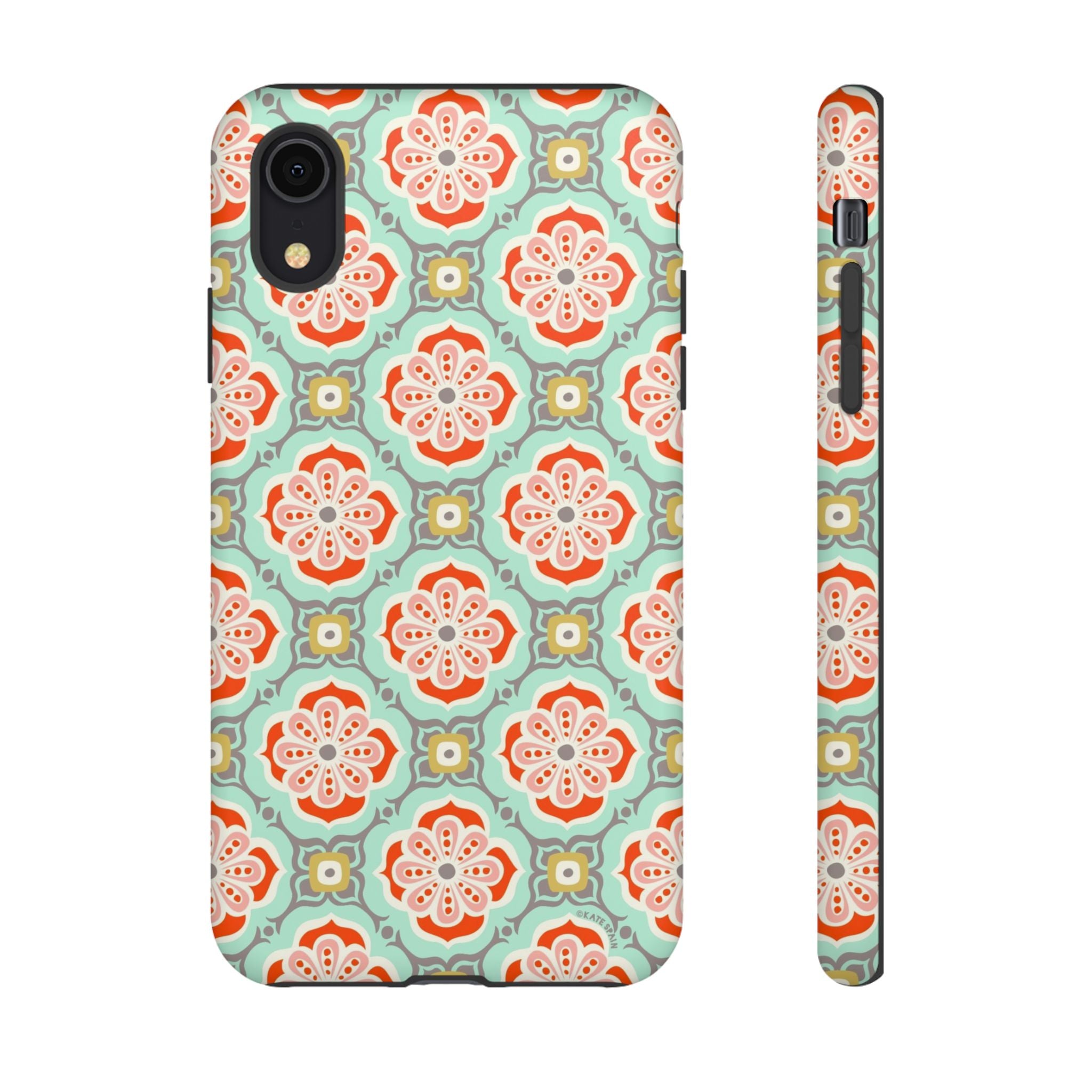 Alhambra Tough iPhone XR Case – Matte | aqua, coral, blush geometric medallion floral print