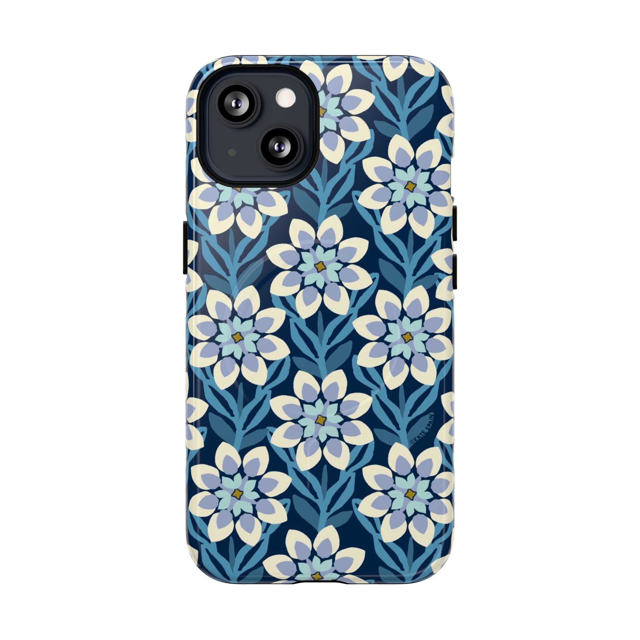 Luxury Modern Dahlia MagSafe iPhone 13 Case – Glossy | navy, slate blue, white geometric dahlia tile floral print