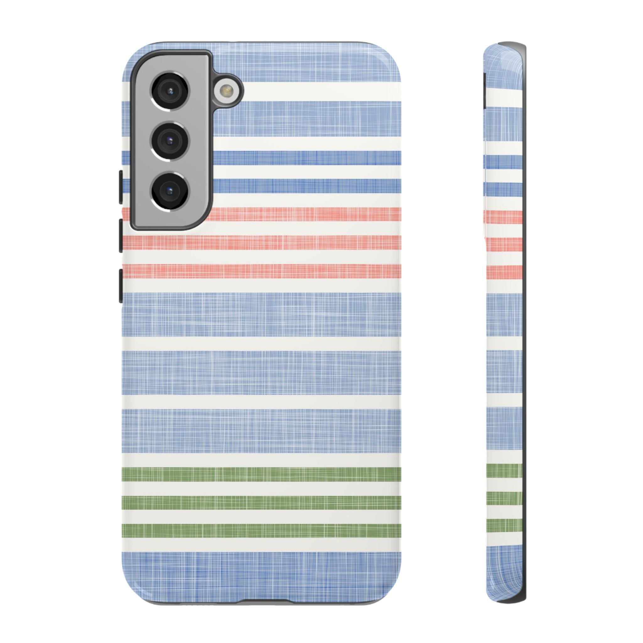 Cabana Stripe Pastel Samsung Galaxy S22 Plus Case – Glossy | soft blue, coral, sage green chambray-textured stripe print dual-layer protection