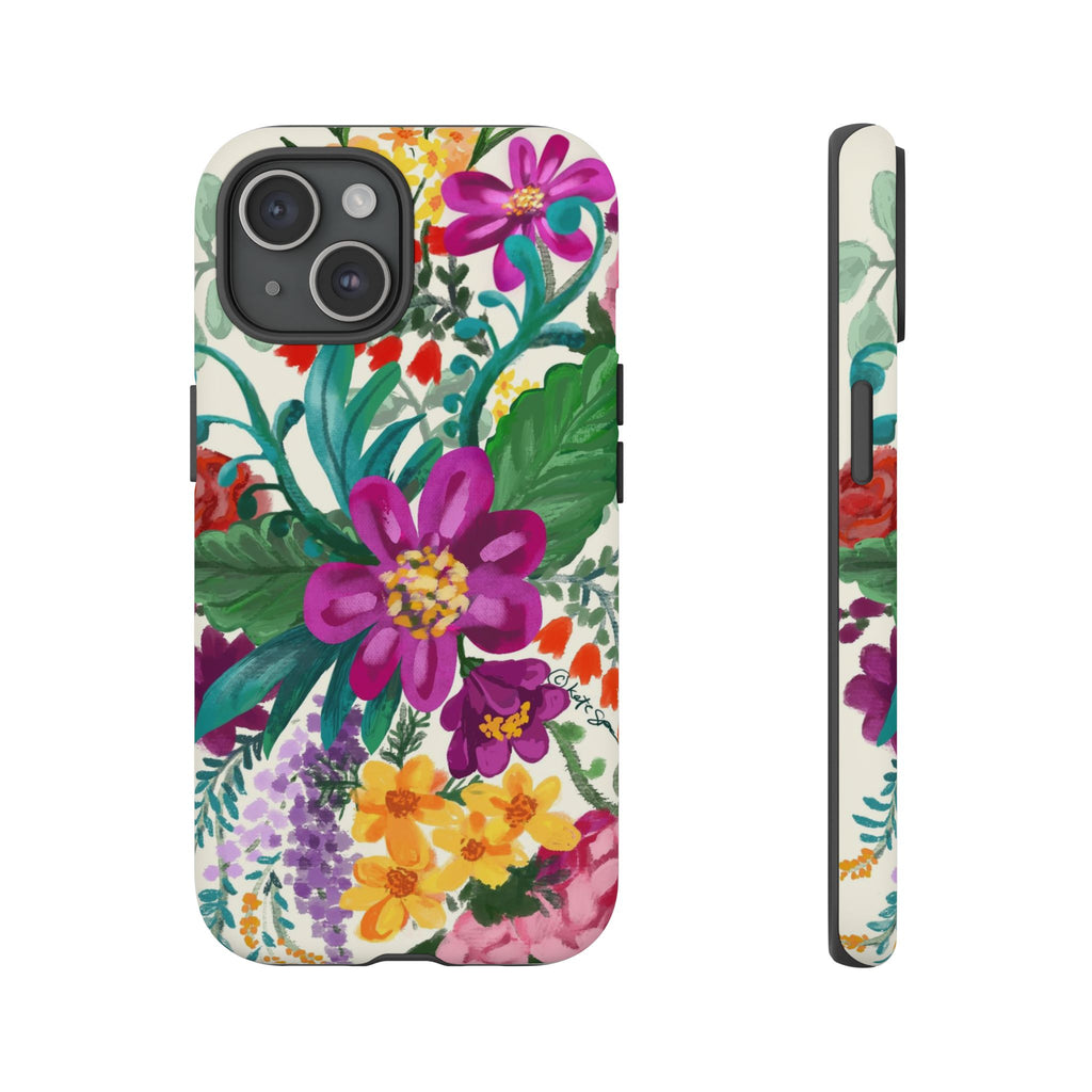 Posy Tough iPhone 15 Case – Matte | cream, magenta, coral botanical floral print
