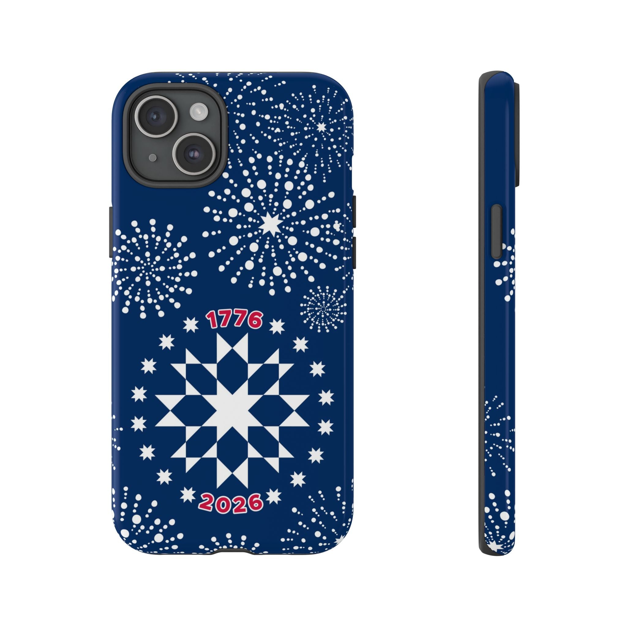 250th Fireworks Tough iPhone 15 Plus Case – Glossy | navy, white patriotic star quilt fireworks print