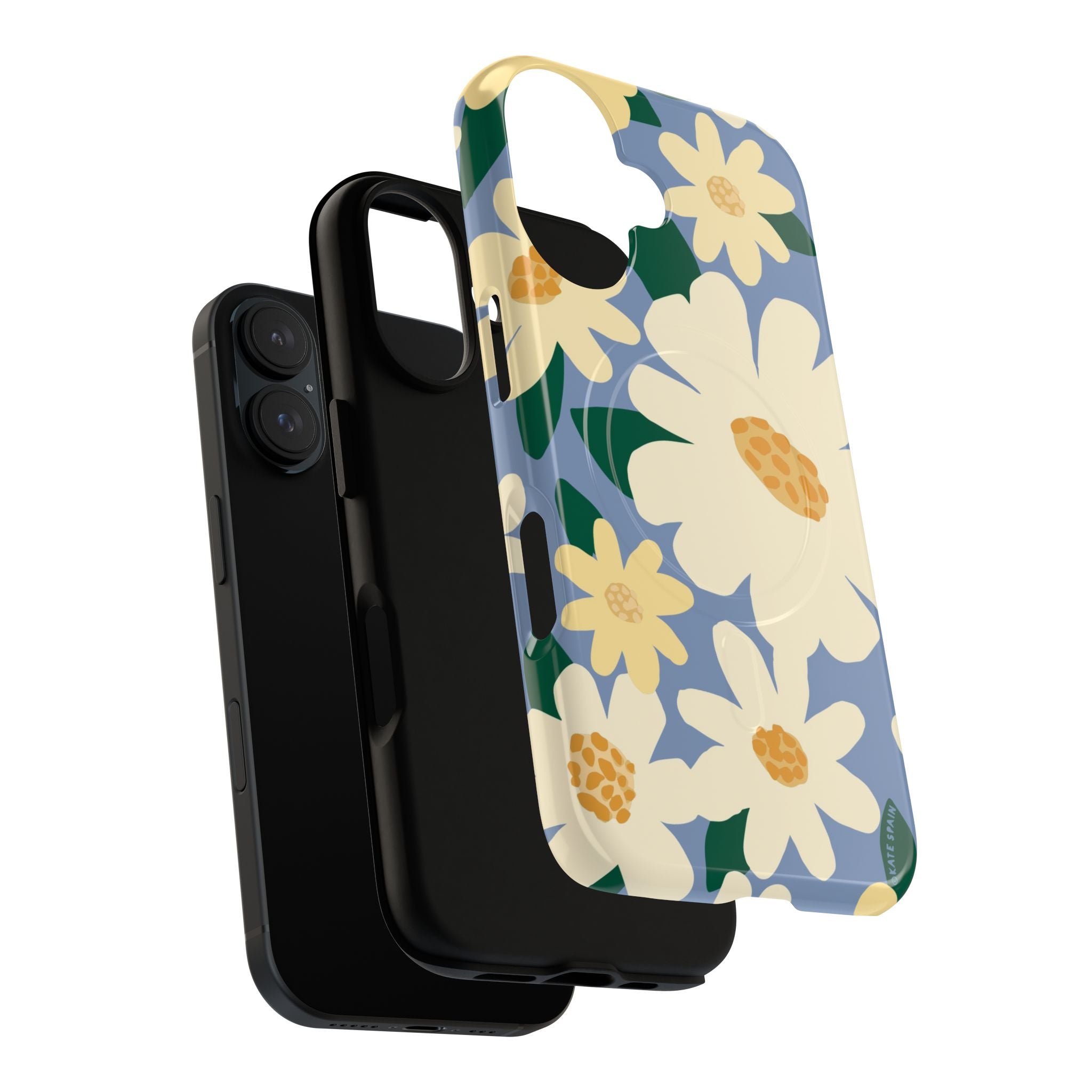 Chamomile MagSafe iPhone 17 Case – Dual-layered view of case and inner lining in front of phone, with view of camera cutout and buttons | periwinkle, cream, yellow botanical daisy floral print
