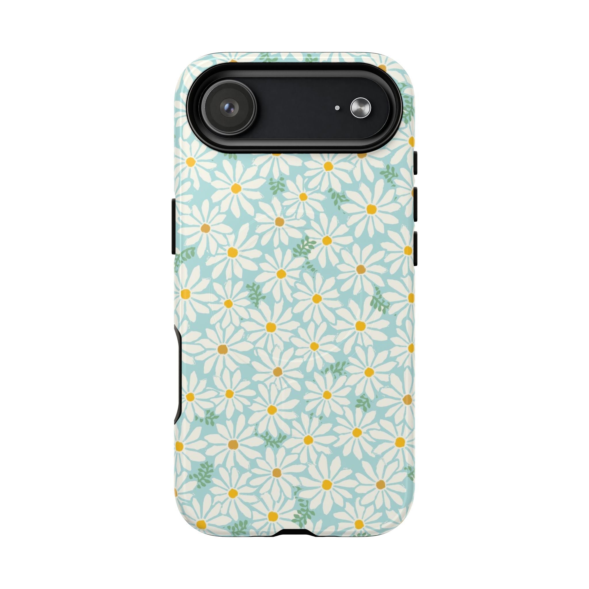 Daisies MagSafe iPhone 17 Air Case – Glossy | sky blue, white daisy print, golden yellow centers, mint green leaves MagSafe compatible, dual-layer protection