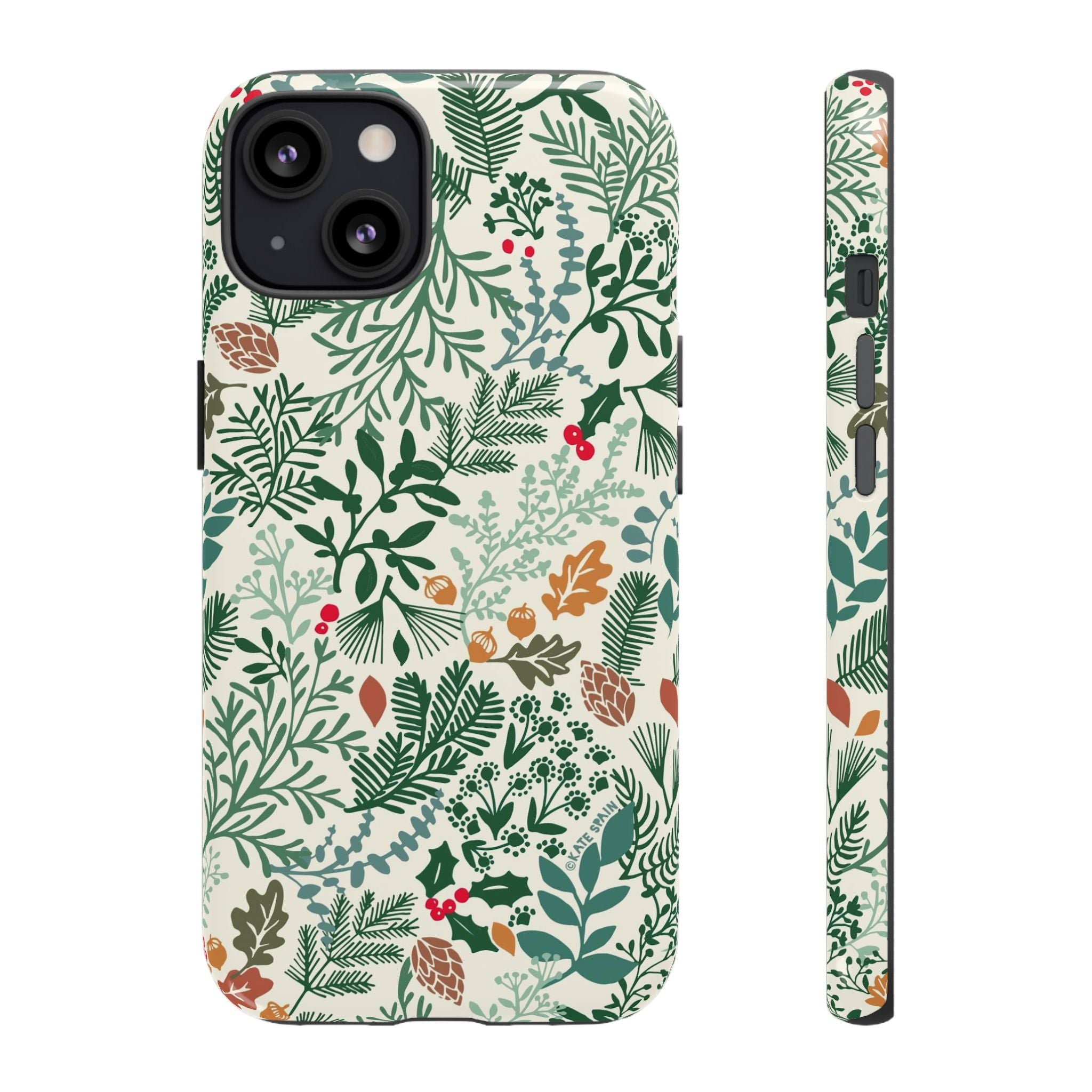 Juniper Tough iPhone 13 Case – Matte | cream, green, red botanical woodland print