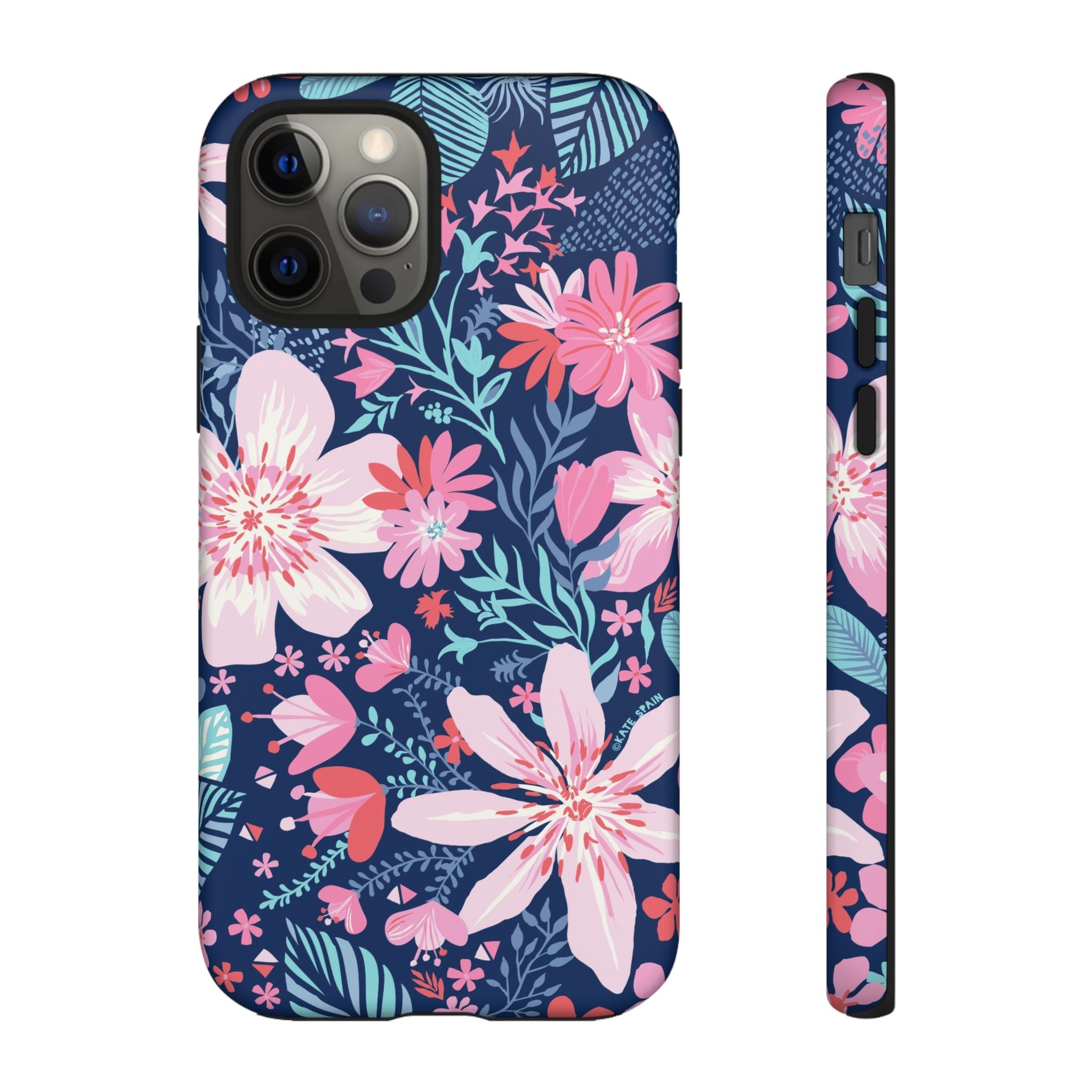 Bonaire Tough iPhone 12 Pro Case – Matte | navy, pink, white tropical floral botanical print