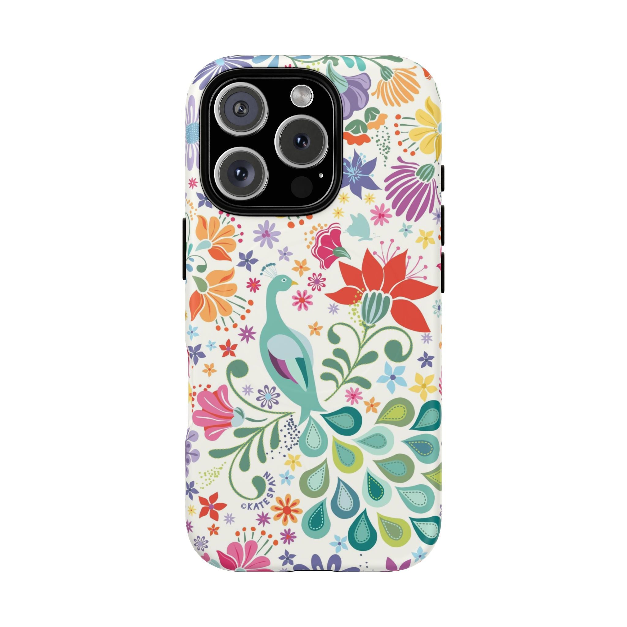 Peacock Sanctuary MagSafe iPhone 16 Pro Case – Matte | cream, teal, coral multicolor vibrant peacock feather botanical print