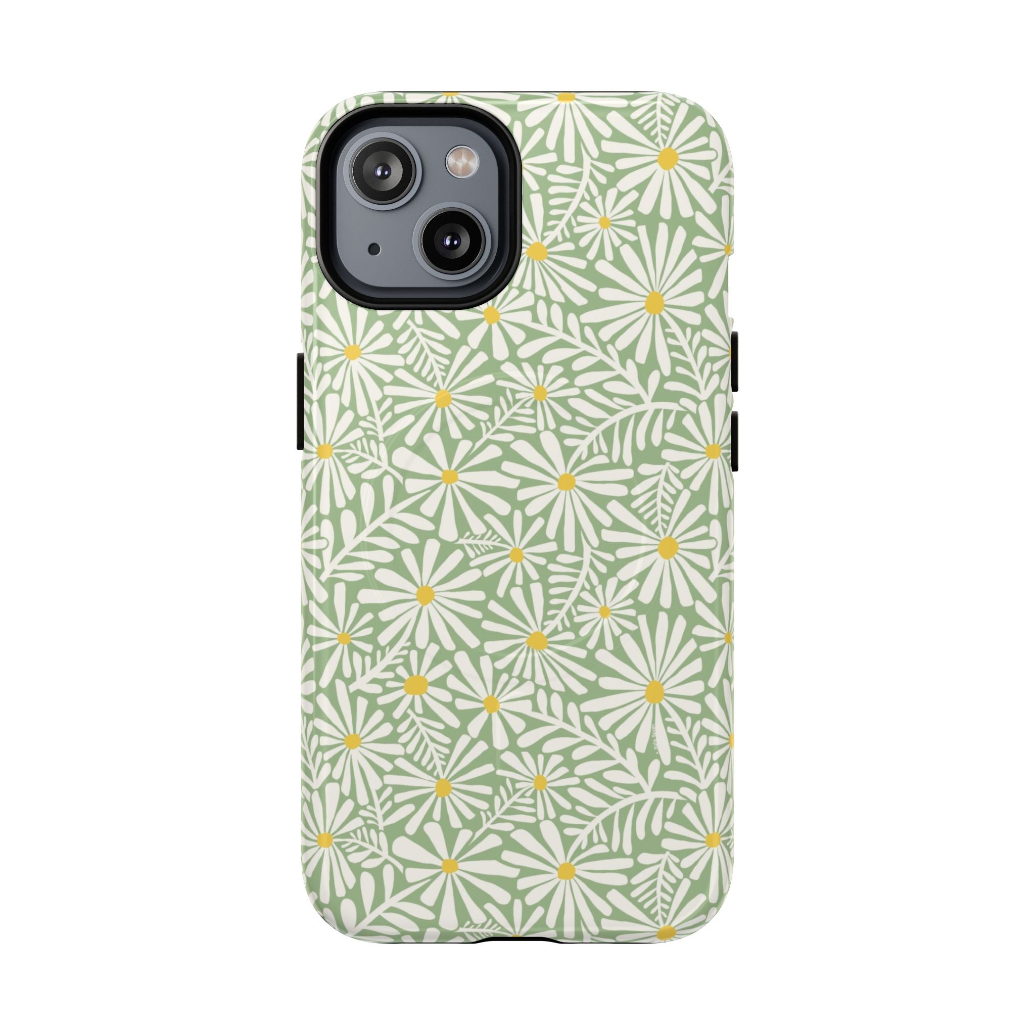 Montauk Daisy Meadow Green MagSafe iPhone 14 Case – Glossy | sage green, white graphic daisy and fern print, golden yellow centers MagSafe compatible, dual-layer protection